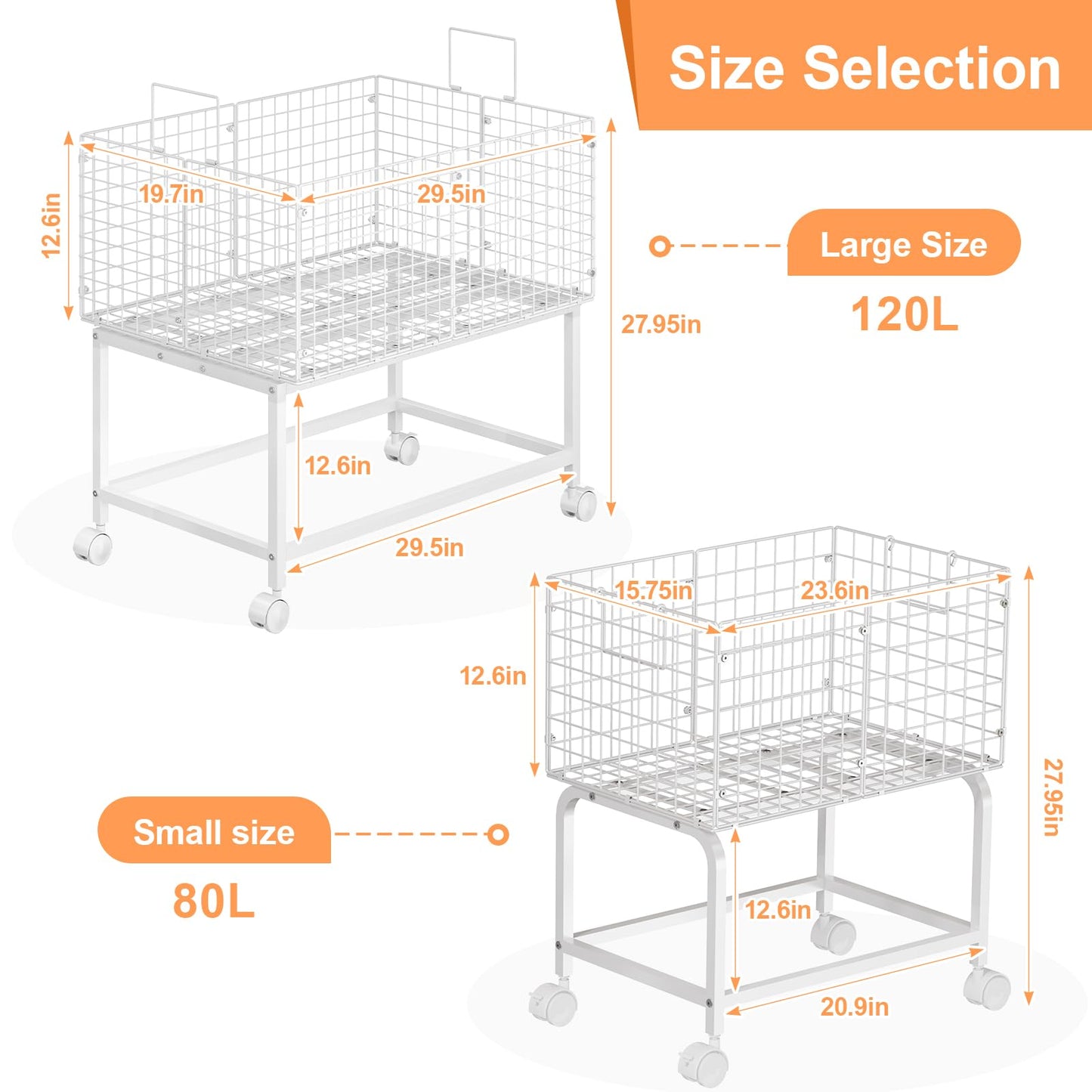 Large Rolling Laundry Basket Cart,Wire Laundry Hamper Cart with Handle and Wheels,White High Laundry Hamper for Laundry Room,Bedroom and Bathroom-120L White (29.5"L*19.7"W*27.95"H inch)