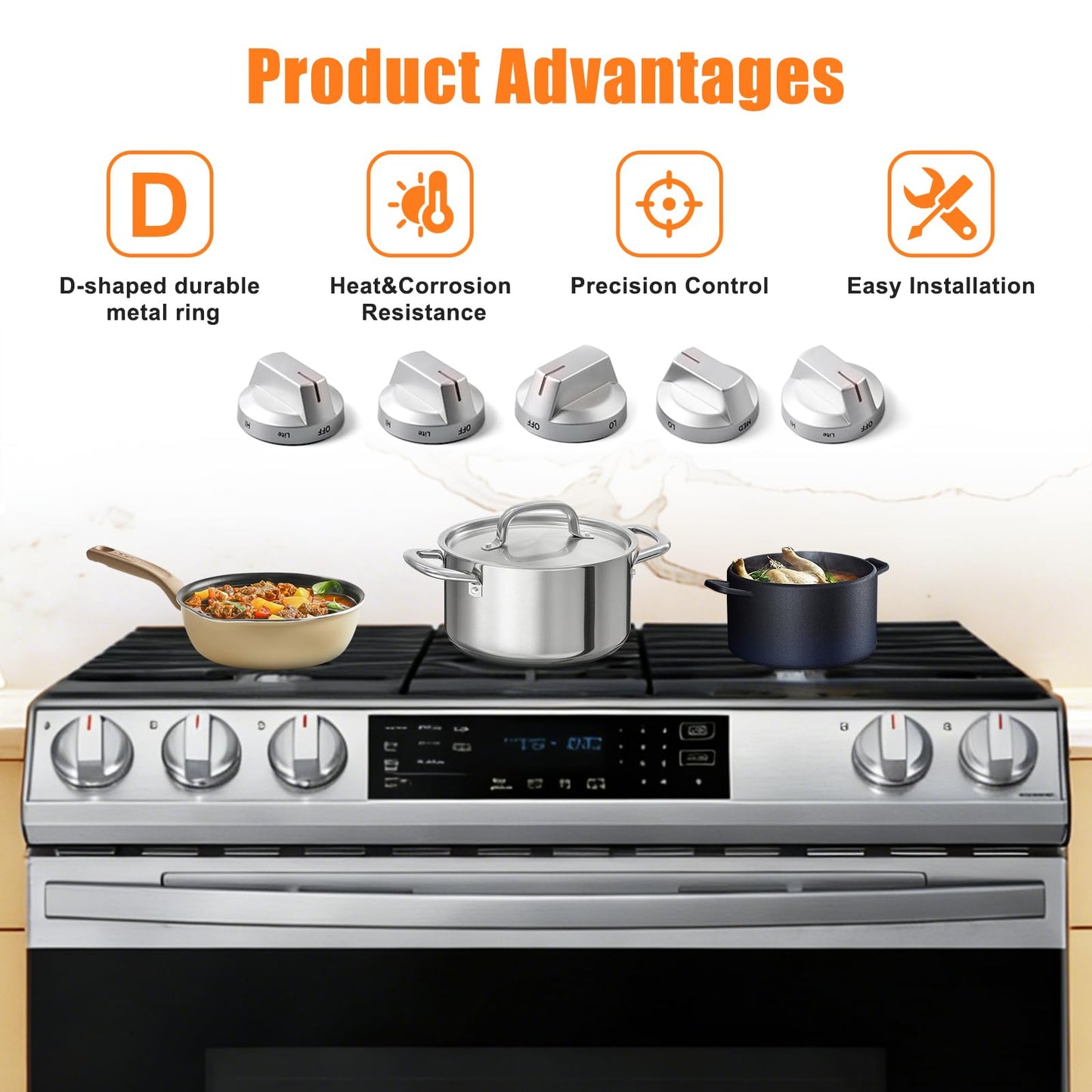 Upgraded DG64-00975A Stainless Steel Stove Knobs Replacement for Samsung Gas Range NE/NX9000T NX60T8511SS/AA, Durable&Heat-Resistant, Perfect Fit for DG94-03443A DG94-04397A Oven Control Knobs (5PCS)