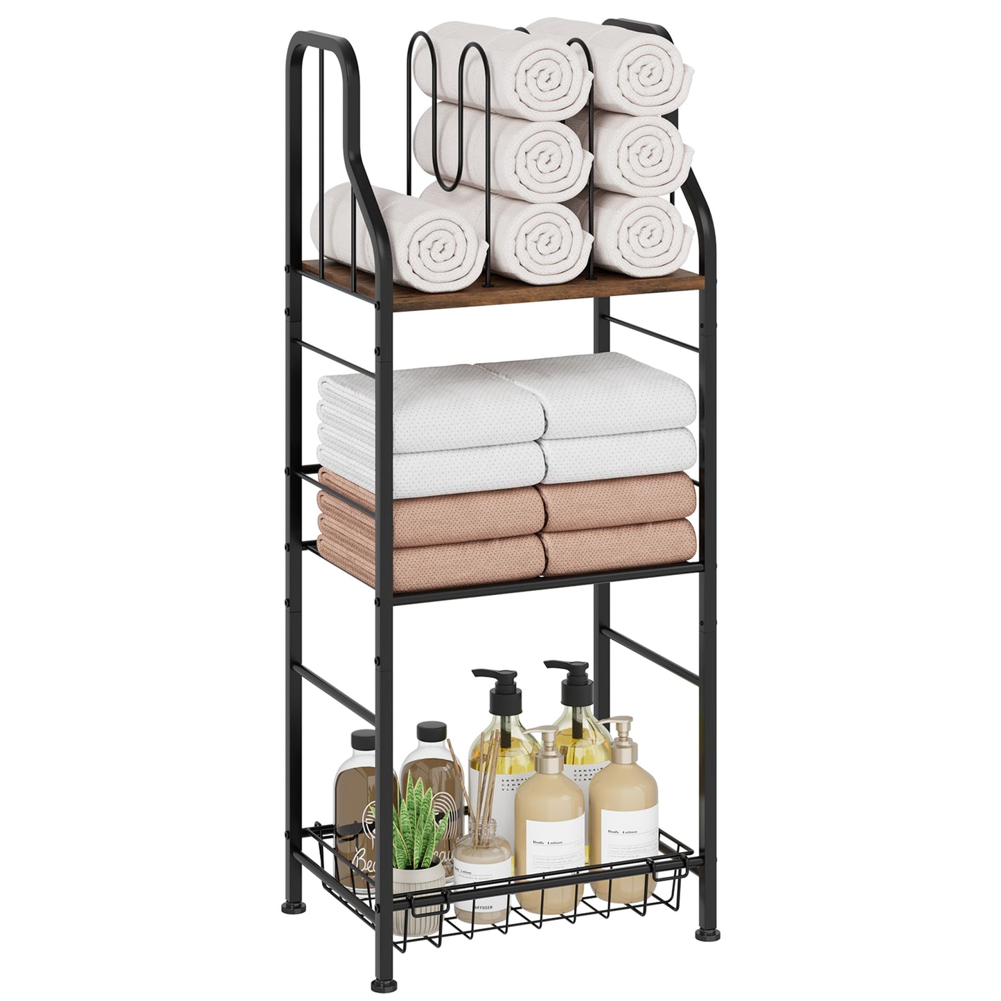 SWTYMIKI Free Standing Towel Rack - 3 Tier M-Shaped Detachable Dividers Towel Shelf for Bathroom, Durable Metal Pool Towel Holder, Modern Space-Saving Bath Towel Storage Organizer
