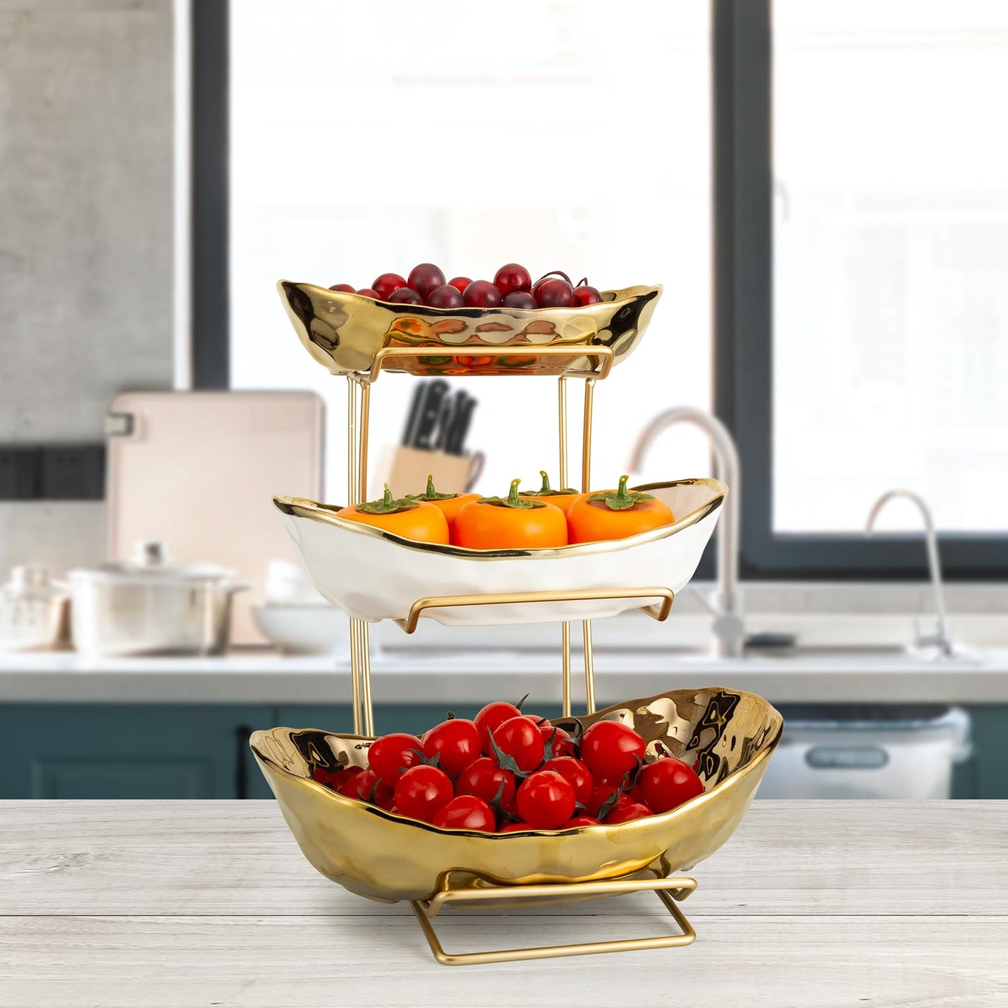 YYW 3 Tier Fruit Bowl for Kitchen Counter, White Gold Ceramic Fruit Stand for Countertop, Home Fruit Rack with Holder, Vegetable Bowl Snacks Nuts Bread Candy Storage (Gold)