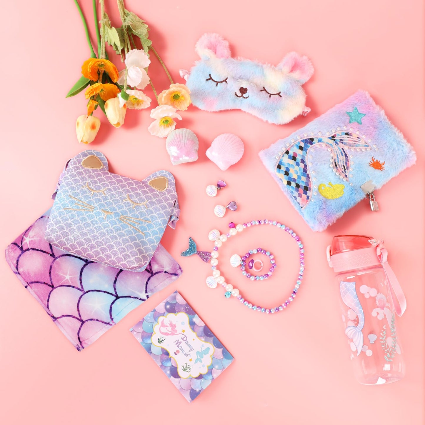 Mermaid Gifts for Girls 4-10 Year Old, 8Pc Gift Box with Mermaid Tail Blanket, Jewelry, Kids Purse, water bottle & Notebook, Birthday Toys for 4-6 8-10 Year Old Girl, Safe Non-Toxic Stationery Set