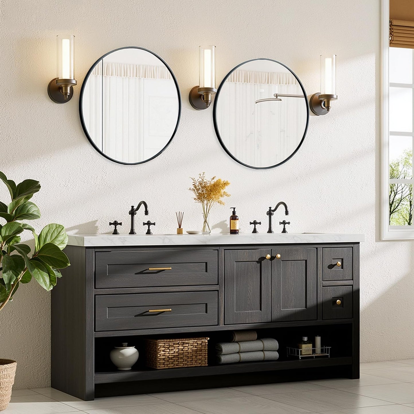 Atilioo Bathroom Mirror for Wall, 24 Inch Round Mirror, Matte Black Metal Framed Circle Vanity Mirror for Bathroom Bedroom Living Room Entryway, Anti-Rust, Tempered Glass, Hanging or Leaning