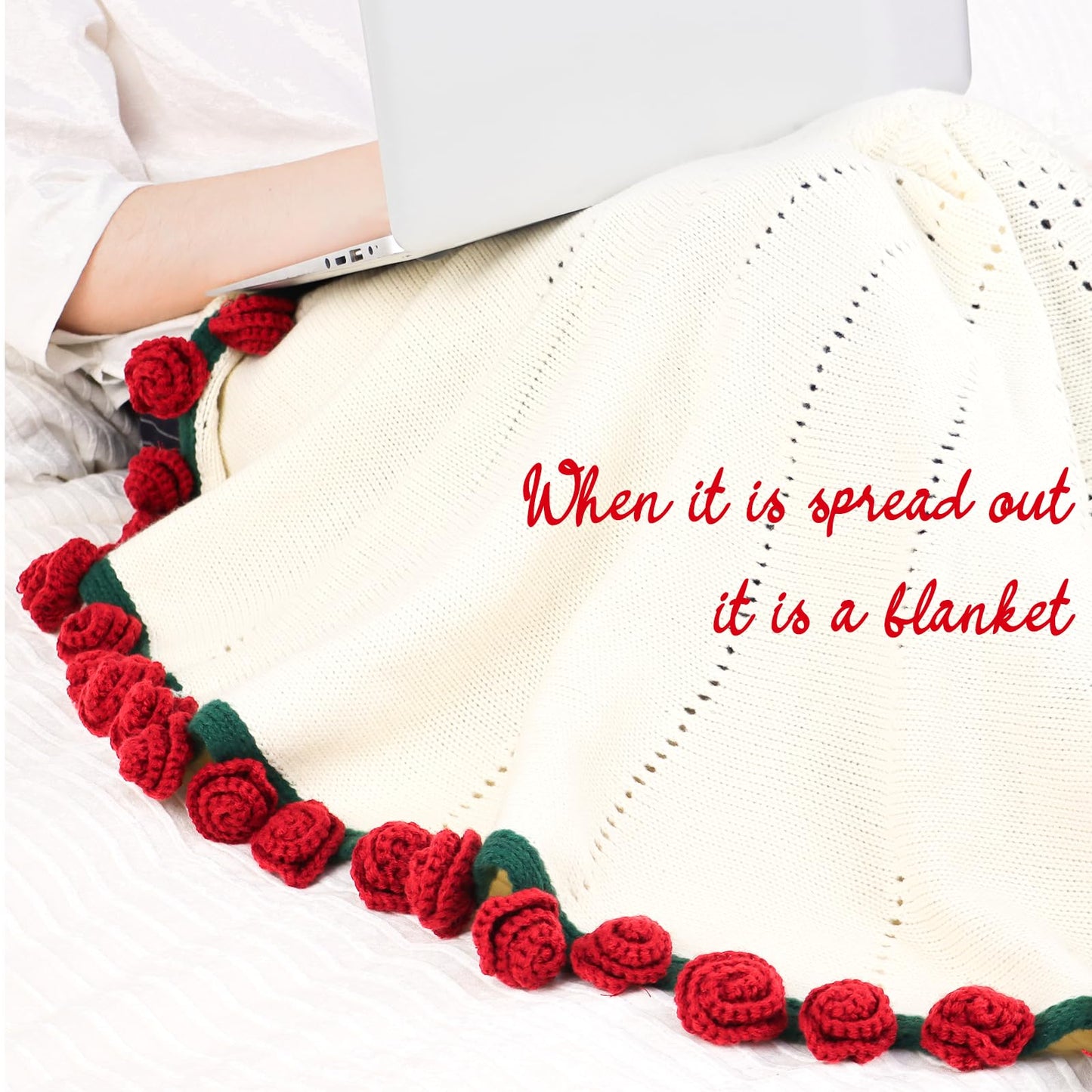 cagulax Birthday Gifts for Women Mothers Day, Rose Crochet Flowers Bouquet Blanket, Anniversary Wedding Graduation Gifts for Couples Wife Girlfriend Friends, Soft Rose Knitted Blanket 43 Inches