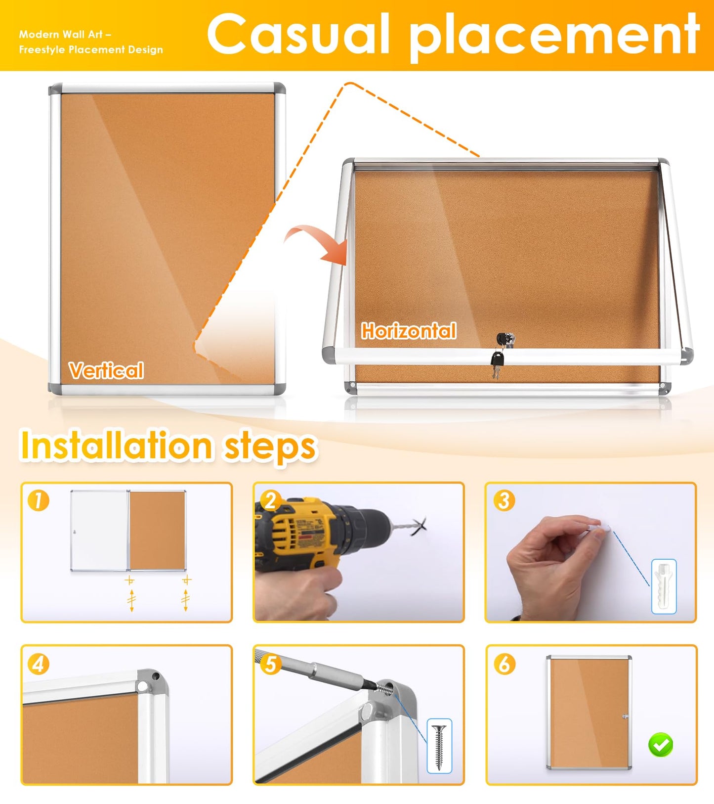 SWANCROWN Enclosed Bulletin Board,Lockable Cork Noticeboard for School Office,Wall Display Case with Lock 20"x14"(2xA4)