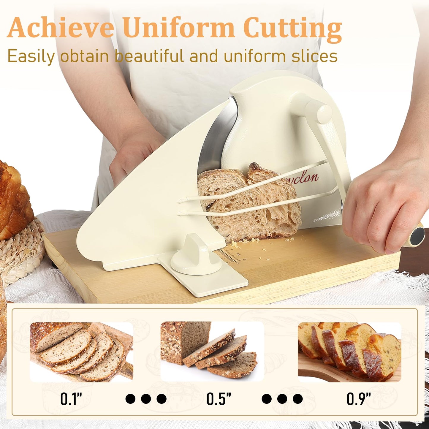 Manual Bread Slicer for Homemade Sourdough Bread, Adjustable Thickness&Metal Guide, Hand Crank Bread Slicer with Scale Line and Suction Cup, Sharp Blade, Suitable for Sourdough Bread, Etc