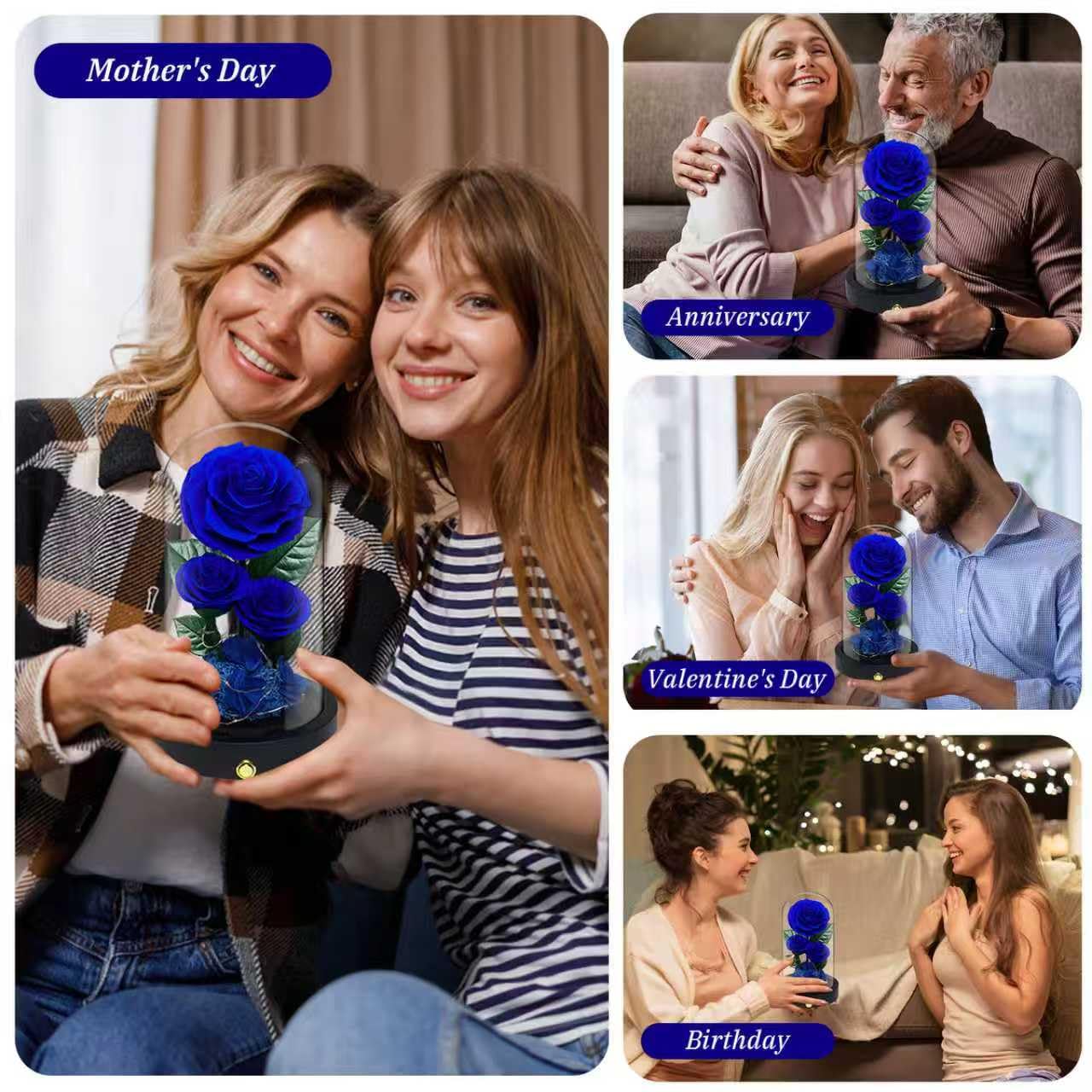 Vryblos 3 Preserved Flowers Roses in Glass Dome for Beauty and The Beast Decor Real Rosas Eternas for Women Mom Birthday,Forever Blue Roses for Delivery,Christmas for Wife Girlfriend Her