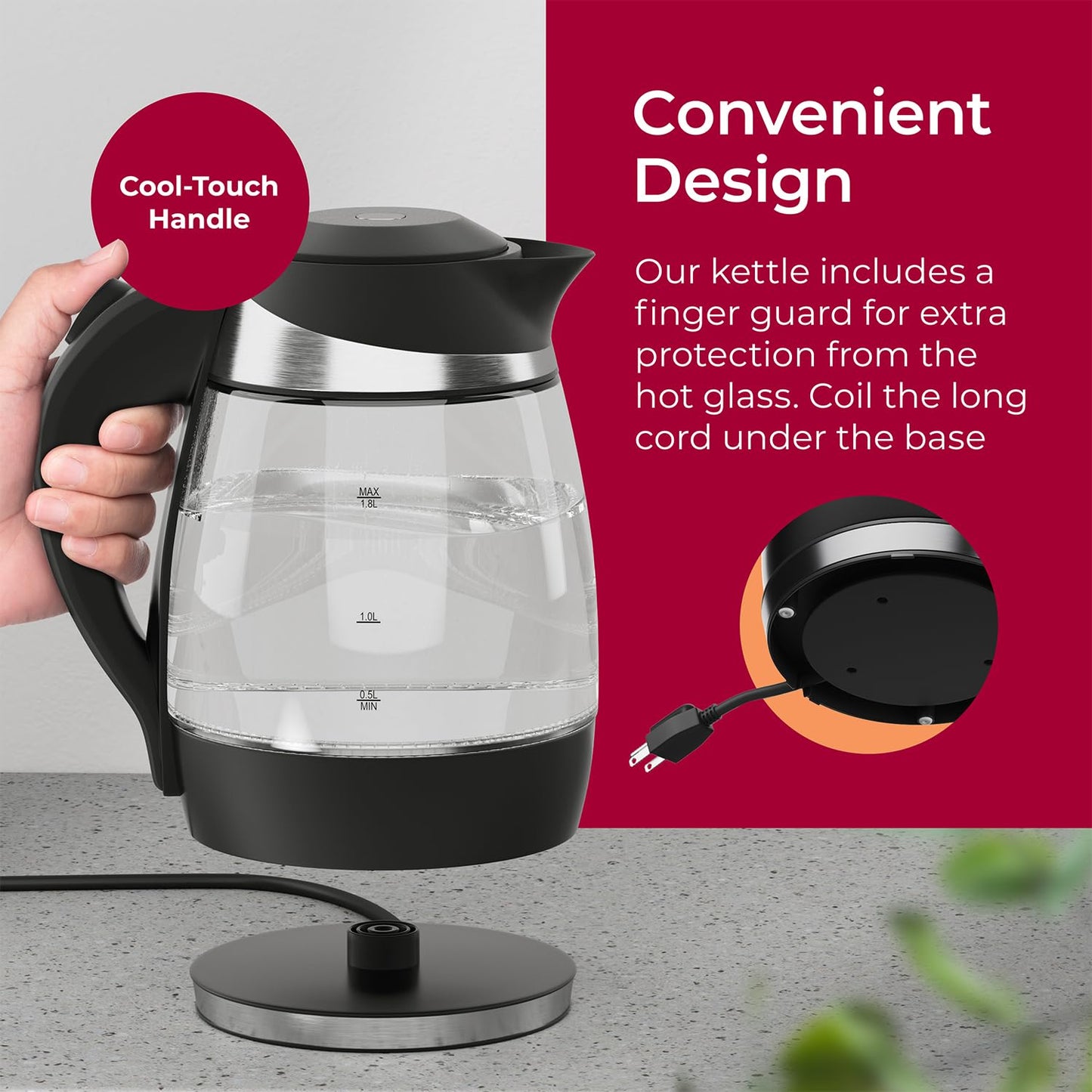 Mueller Living Electric Kettle, Electric Tea Kettle for Boiling Water, 1500W SpeedBoil with Automatic Shutoff, 1.8L Cordless with LED Light, Borosilicate Glass Tea Kettle Pot Water Heater, BPA Free