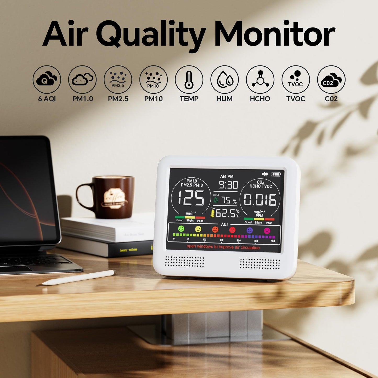 16-in-1 Air Quality Monitor Indoor, Portable Air Quality Tester for Home, Office, Formaldehyde Detector with Beep Alarm, AQI | PM1.0 | PM2.5 | PM10 | CO2 |Temp | HUM | Time, Voc Tester (Bright White)