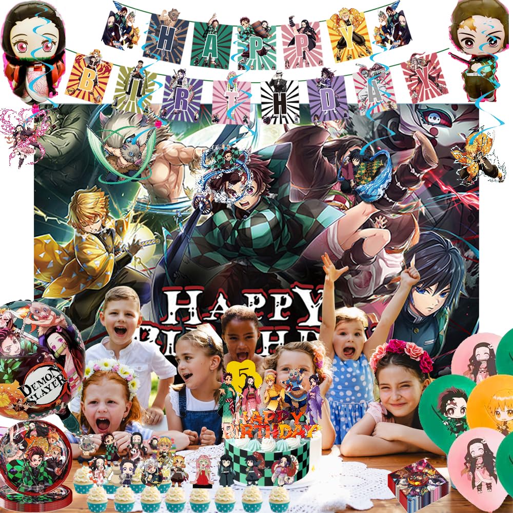 demon birthday party decorations,Anime theme party supplies,Including banners, balloons, tablecloths, dinner plates, etc.