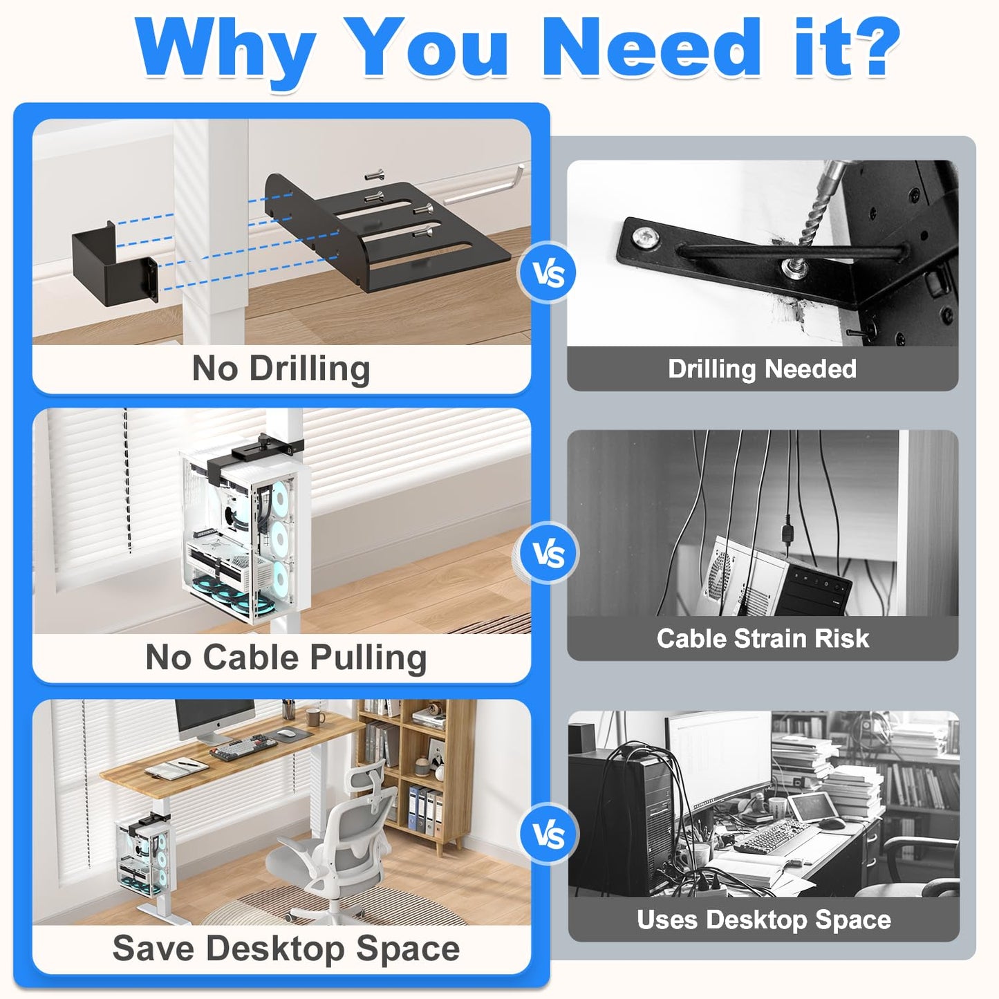 Under Desk PC Mount - No Drilling 40 lb Capacity, Fits 3 Fixed Desk Leg Sizes, CPU Holder Under Desk, Adjustable Clamp-on Desk Leg PC Mount for Standing Desk, with Non-Slip Pads, White