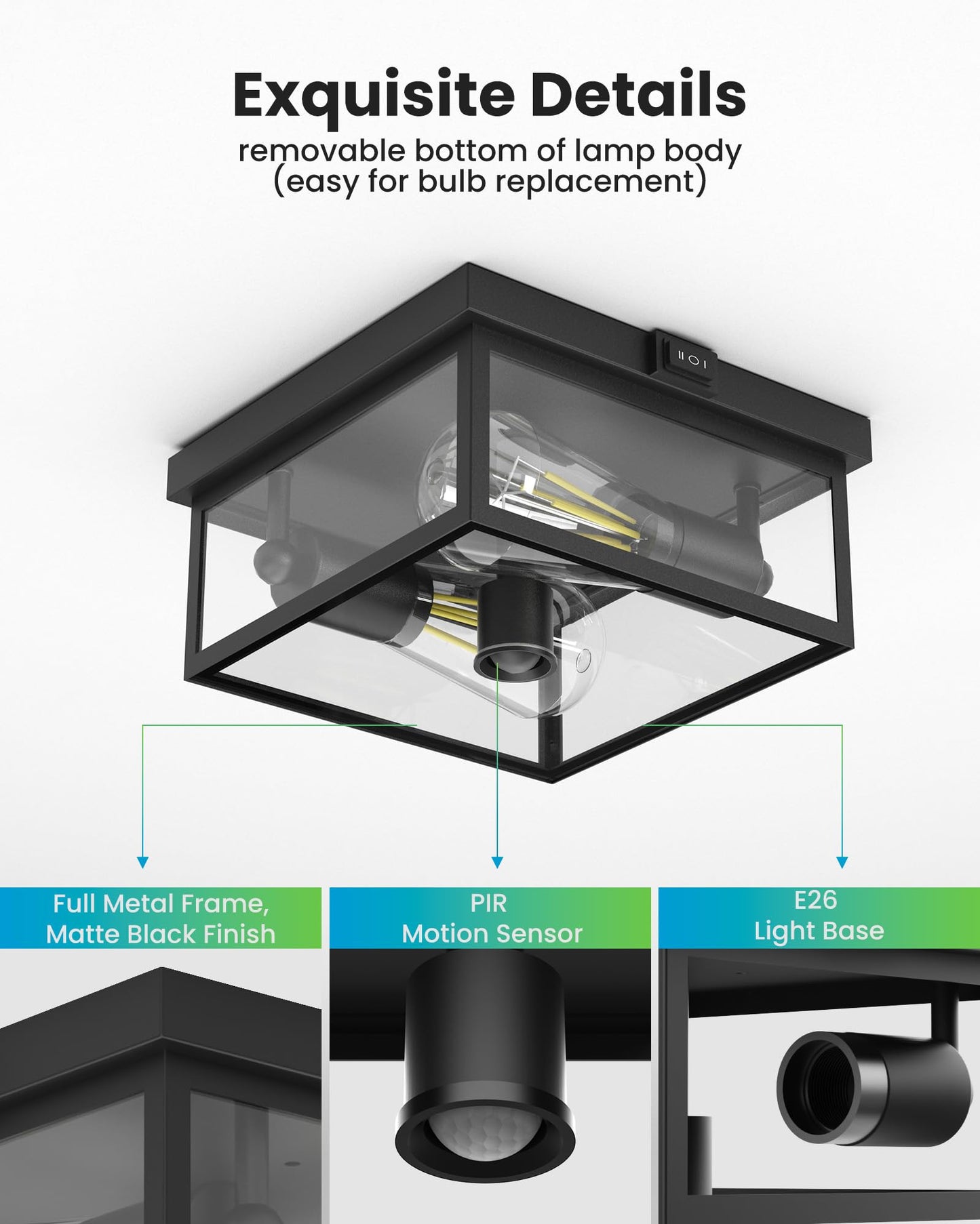 Craftersmark Outdoor Ceiling Light with Motion Sensor 12'', Flush Mount Porch Light, Exterior Light Fixture with Clear Glass, Dusk to Dawn 2-Light Fixture for Patio,Porch