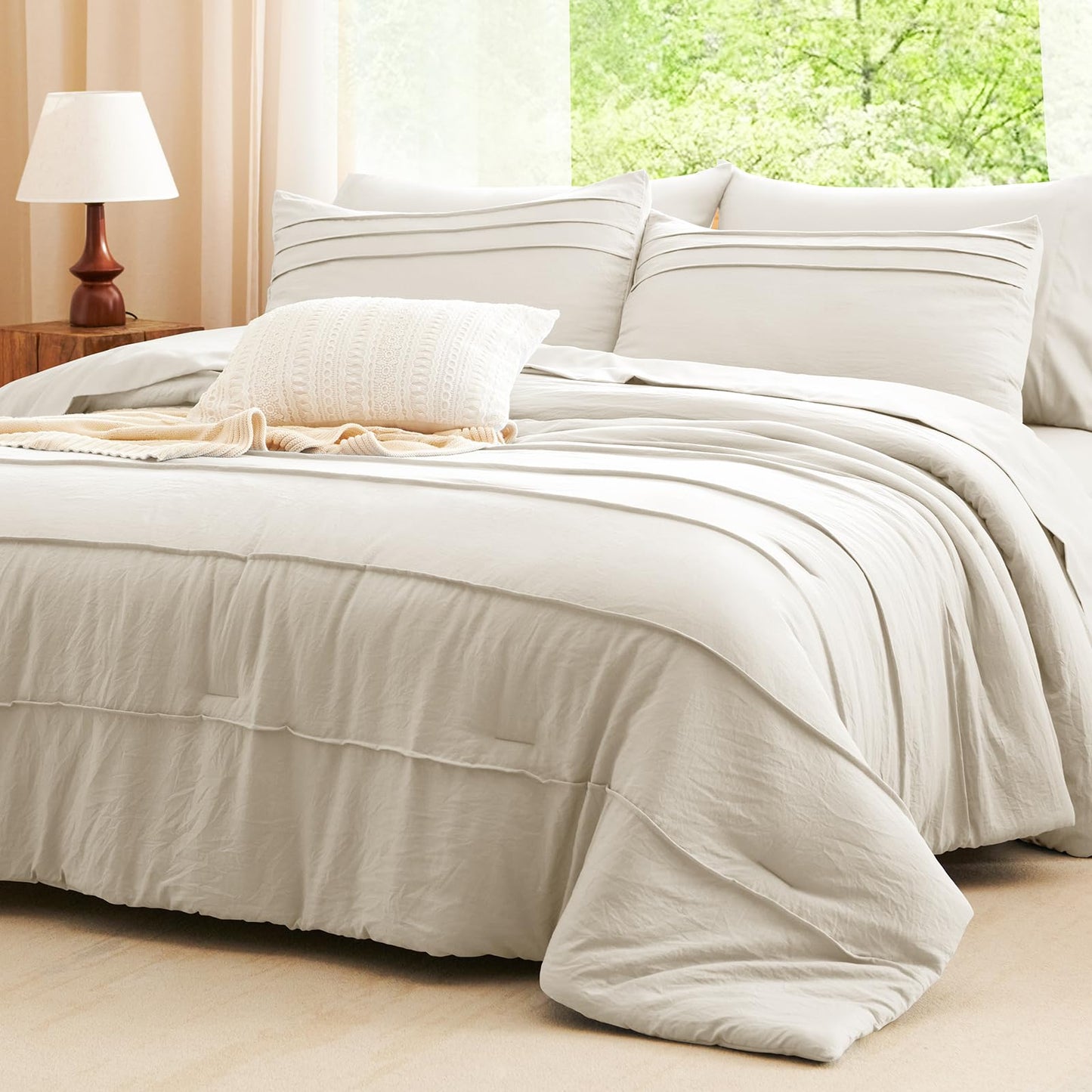 CozyLux Queen Comforter Set Beige, 7 Pieces Soft Pinch Pleat Bed in a Bag Queen Comforter Set with Sheets, Boho Bed Set with Down Alternative Comforter, Sheets, Pillowcases & Shams
