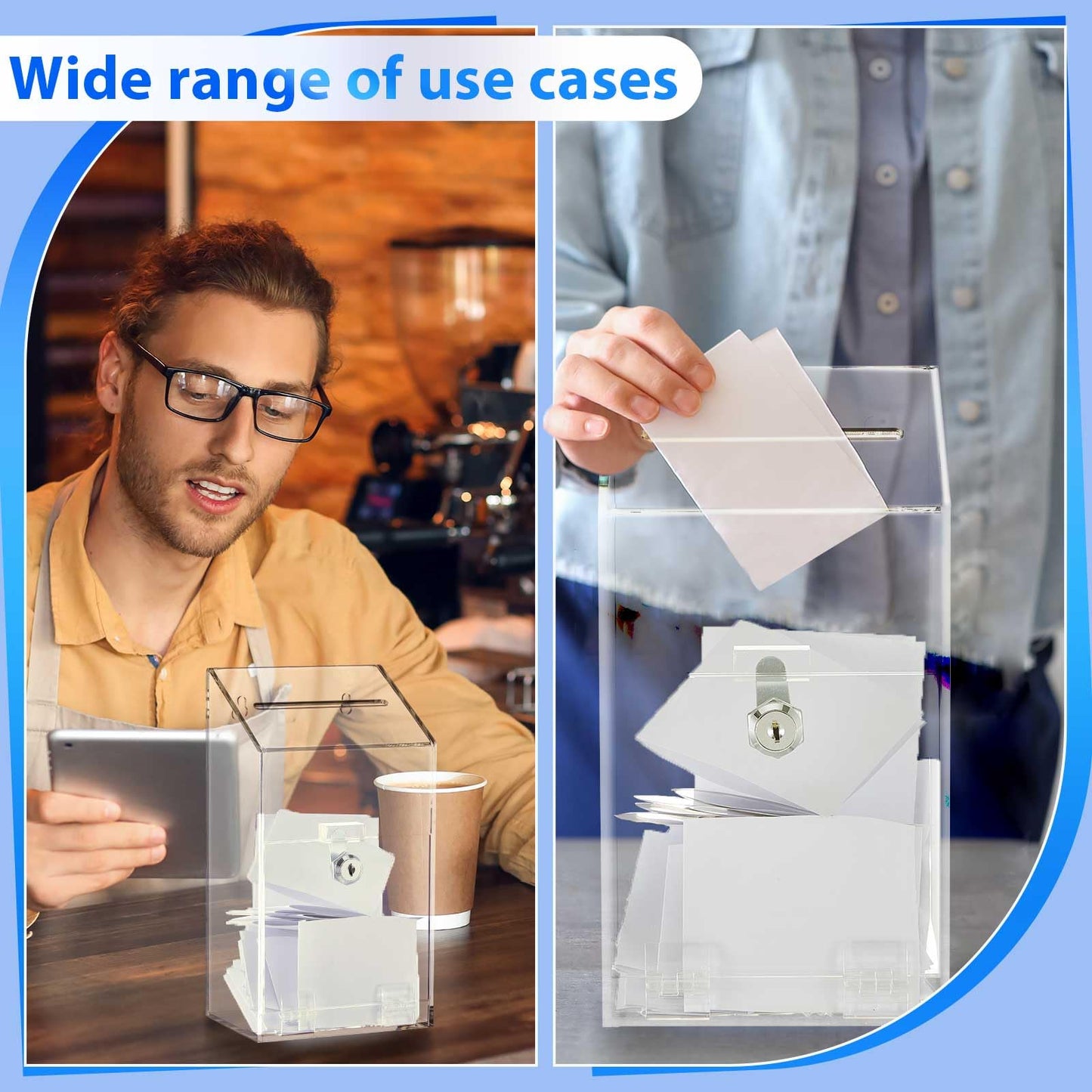 Juexica 2 Pcs Clear Acrylic Donation Box with Lock and Slot, Wall Mountable Suggestion Box, Ballot Case, Raffle Ticket Boxes for Office, School, Church, Voting & Fundraising