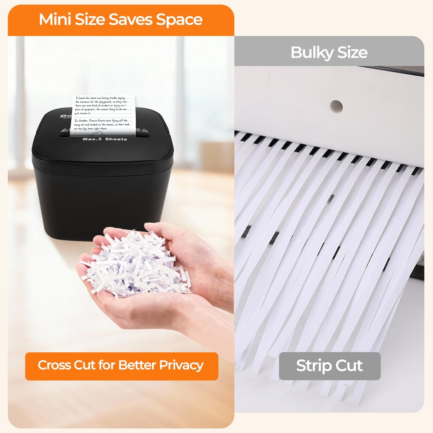 Dovio OVO-408S Cross Cut Mini Paper Shredder, Auto Start/Stop, 3-Sheet Capacity, Quiet <65dB for Home Office, with 4L Bin & Motor Reverse