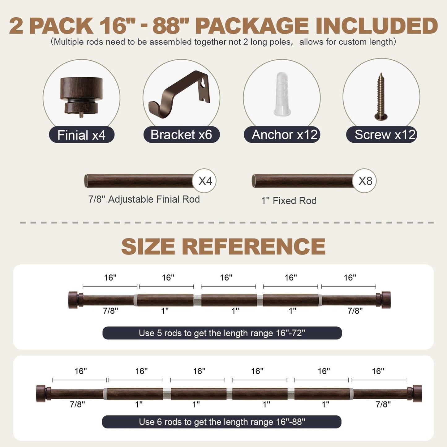 Lootkell 2 Pack Deep Walnut Wood Curtain Rods for Windows 48 to 84 1" Diameter Heavy Duty Window Rod Adjustable with Handmade Wood Grain Design for Living Room Bedroom Kitchen Farmhouse Outdoor