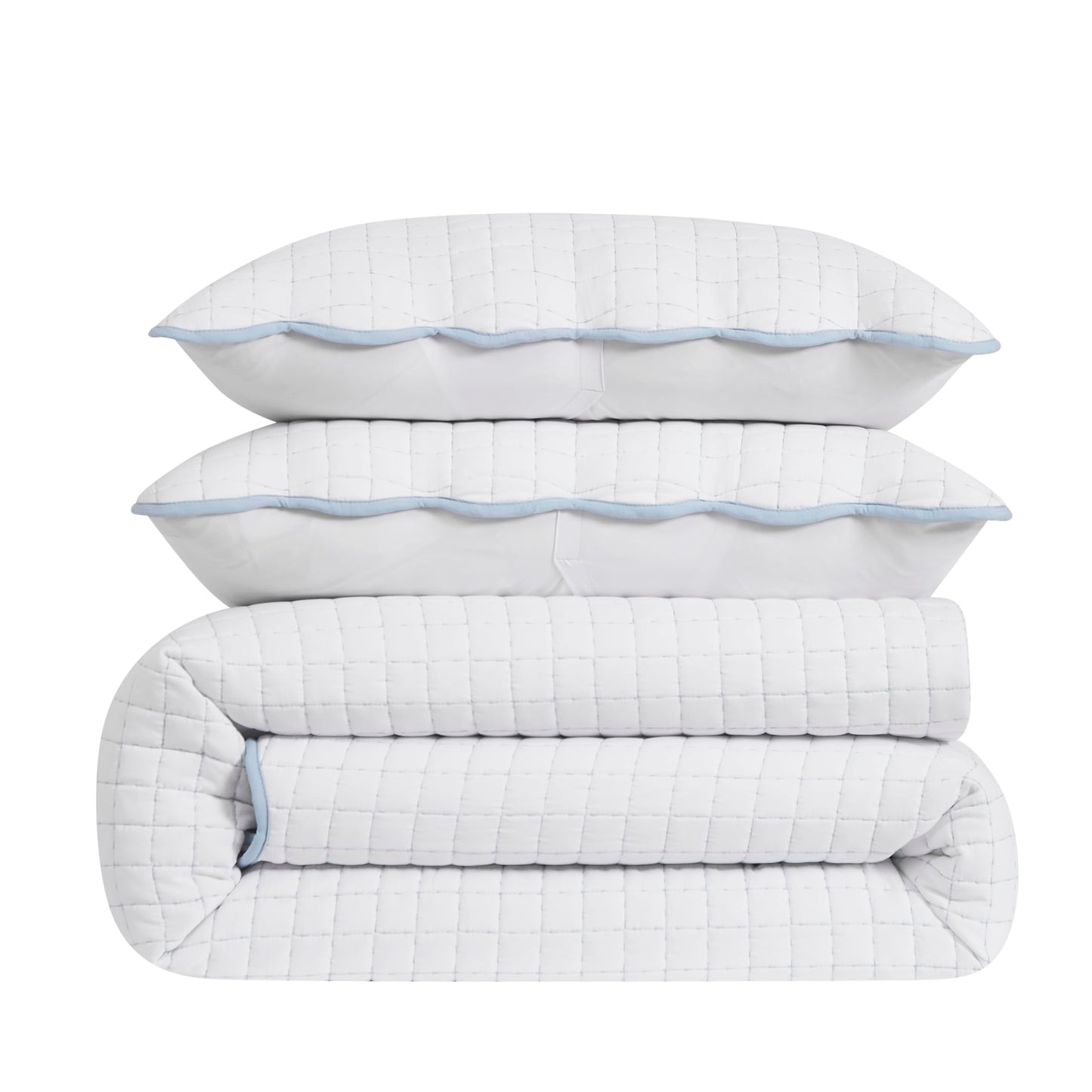 WDCOZY White King Size Quilt Bedding Set, Blue Scalloped Farmhouse Country Rustic Lightweight Soft Coverlet for All Season, Cute Cozy Kantha Pick Stitch Bedspread, 2 Pillow Shams