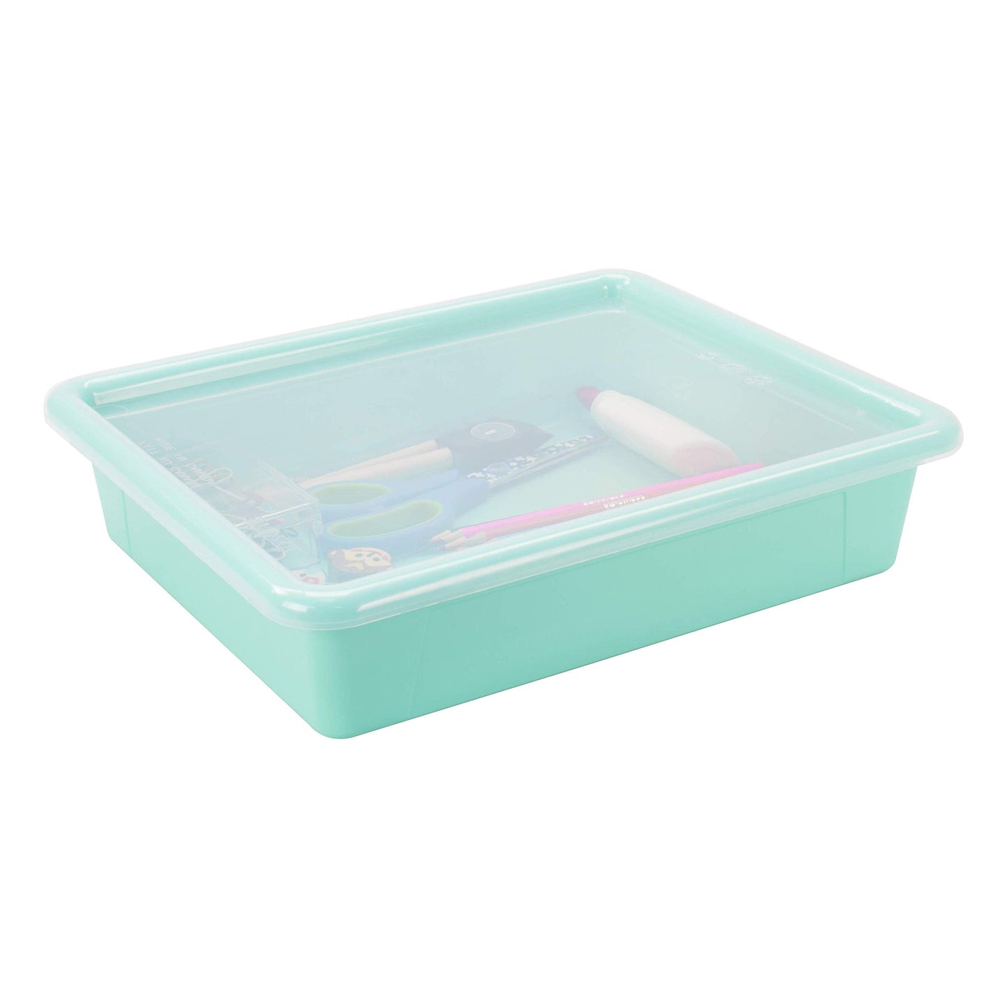 Storex Letter Size Flat Storage Tray – Organizer Bin with Non-Snap Lid for Classroom, Office and Home, Teal, 5-Pack (62541U05C)
