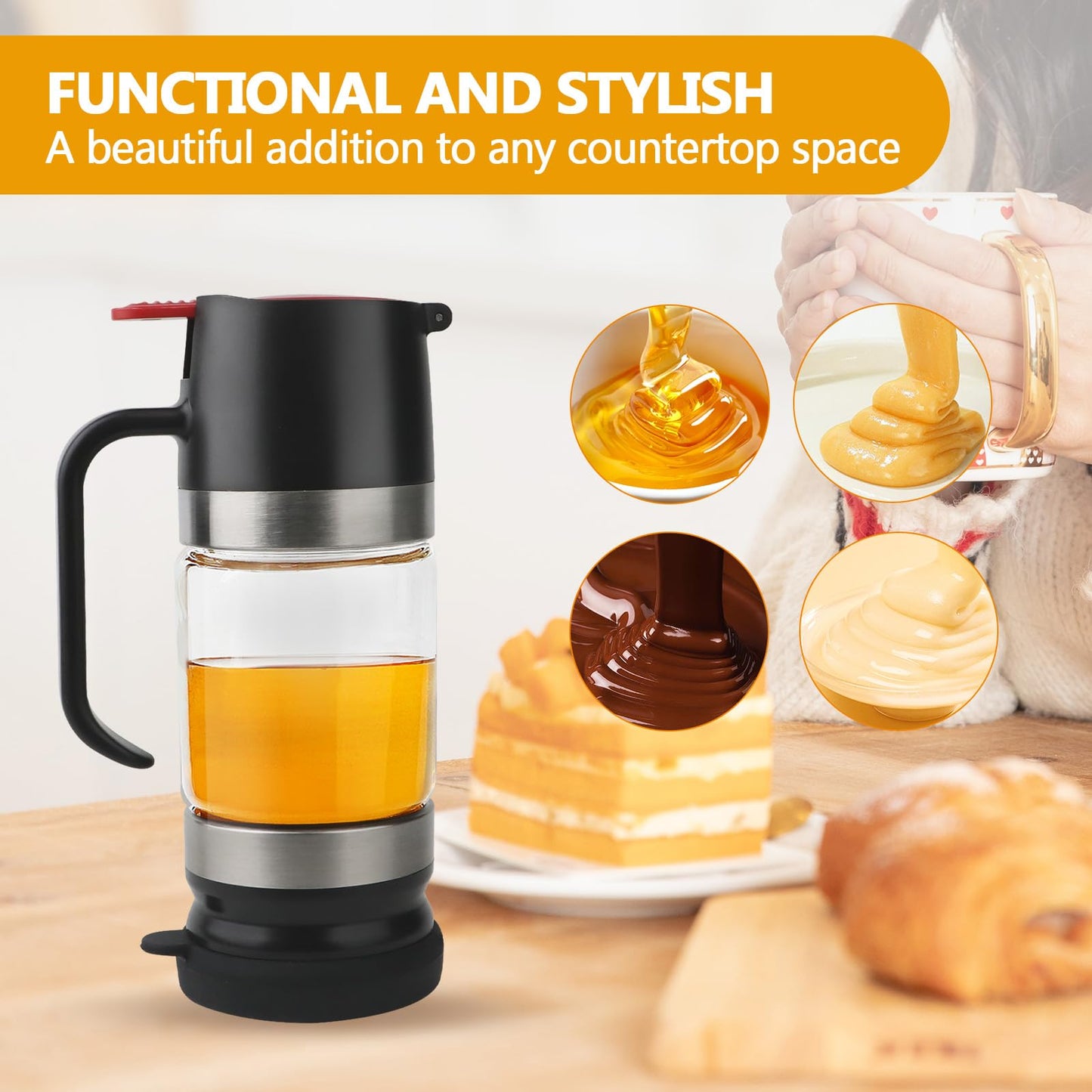 YIYOBEATFO Glass Honey Dispenser,10 OZ Honey Pot with Handle,No Drip Honey Container Jar,Maple Syrup Dispenser,Ideal for Honey and Syrup,Black base