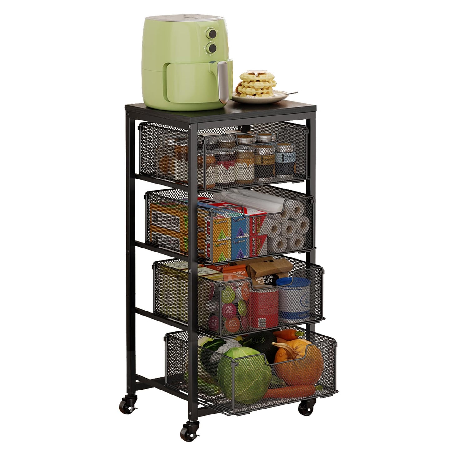 4-Tier Fruit Vegetable Storage Cart - Kitchen Organizer and Storage Cart with Wheels, Wooden Top Metal Wire Fruit Vegetable Rack Stand with Drawers to Storage Cans Snacks for Kitchen(Patent Pending)