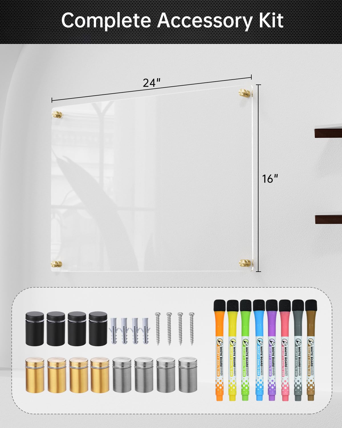 Clear Acrylic Dry-Erase Board 24x16 | Transparent Wall-Mount Writing Panel | Includes 8 Color Markers, Eraser, Standoff Screws & Install Kit | Ideal for Home & Office