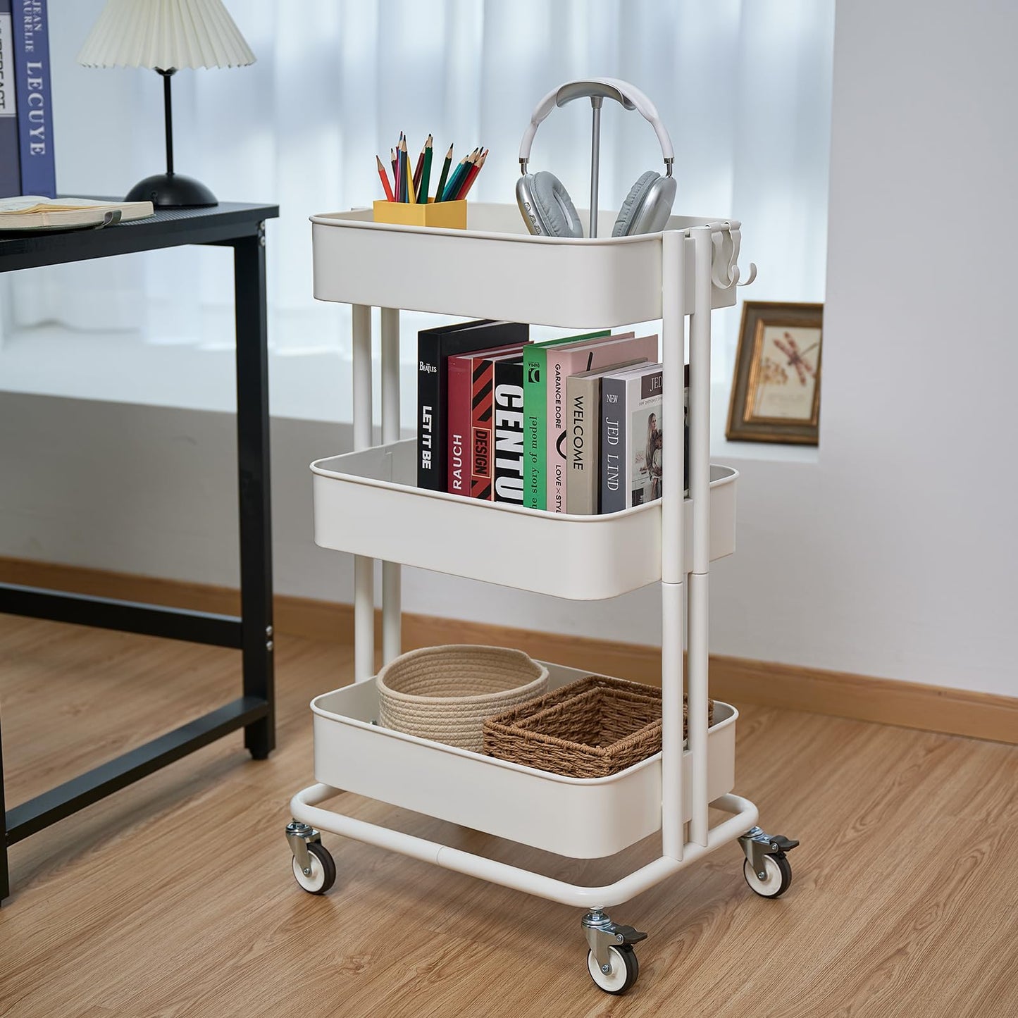CARTTECH 3 Tier Rolling Cart Metal Heavy Duty Utility Cart with Silent Caster Lockable Wheels Multi-Functional Organization Carts Storage Trolley with Mesh Shelves for Office Kitchen Living Room white