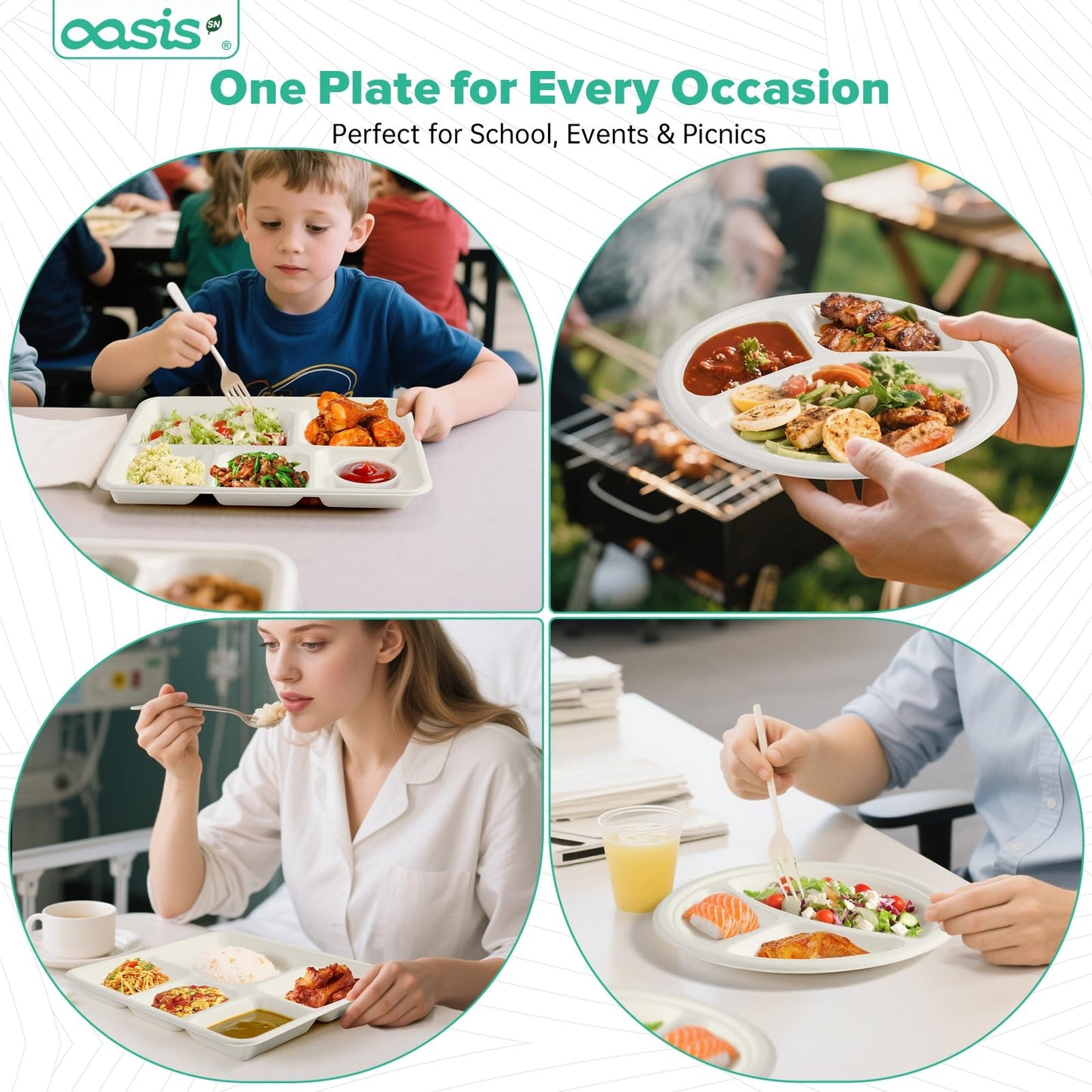 OasisSN ๐ญ๐ฌ ๐ถ๐ป๐ฐ๐ต, ๐ญ๐ฎ๐ด-๐ฃ๐ฎ๐ฐ๐ธ 3-Compartment Disposable Paper Plates, Compostable Heavy-Duty Divided Plates for Meal Prep, School Lunches & Party Buffets (White)