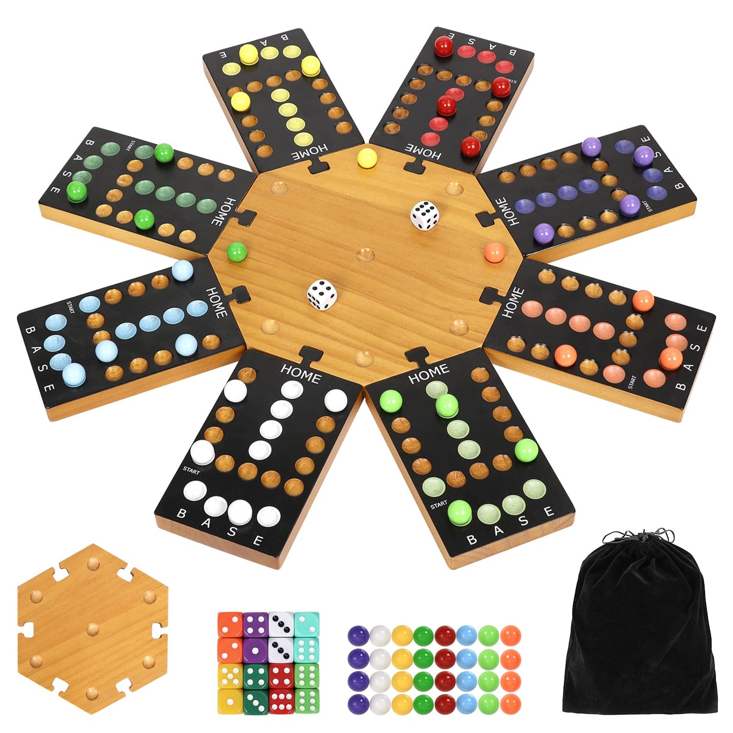 Marble Board Game,Wooden Board Game for 6-8 Players,Portable Design Marble Game with 32 Marbles 16 Dice, Family Game Night Gift for Kids & Adults