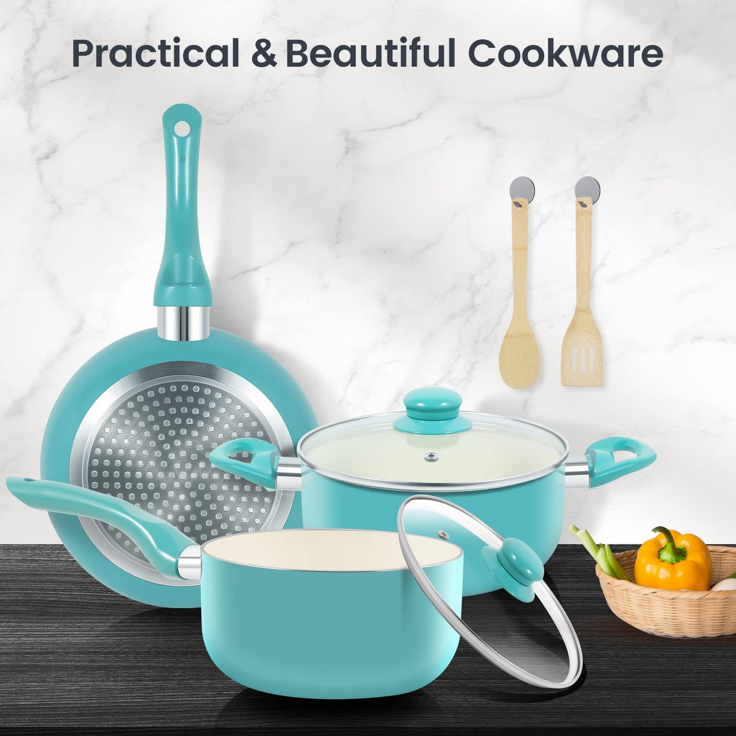 M MELENTA Pots and Pans Set, 7 Piece Nonstick Ceramic Cookware Set, Kitchen Induction Cookware Sets, Pots and Pans Non Stick with Stay Cool Handle, 100% PFOA Free, Turquoise