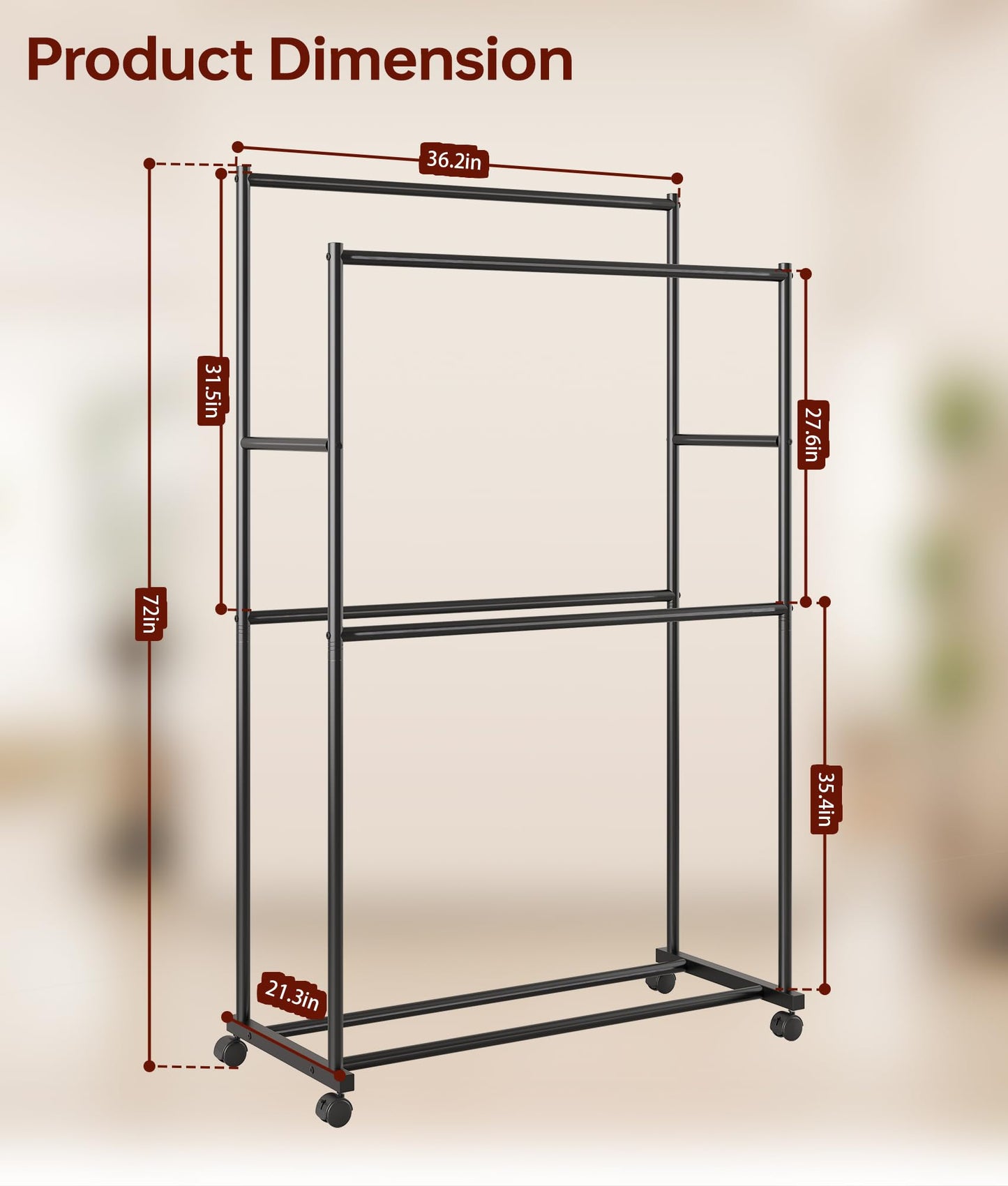 Tujurich Clothes Rack - 36.2" x 21.3" x 72", 4-Bar Double Rod Rolling Metal Clothing Rack for Hanging Clothes, Portable Garment Rack with Wheels for Bedroom Laundry, Closet Wardrobe, Black