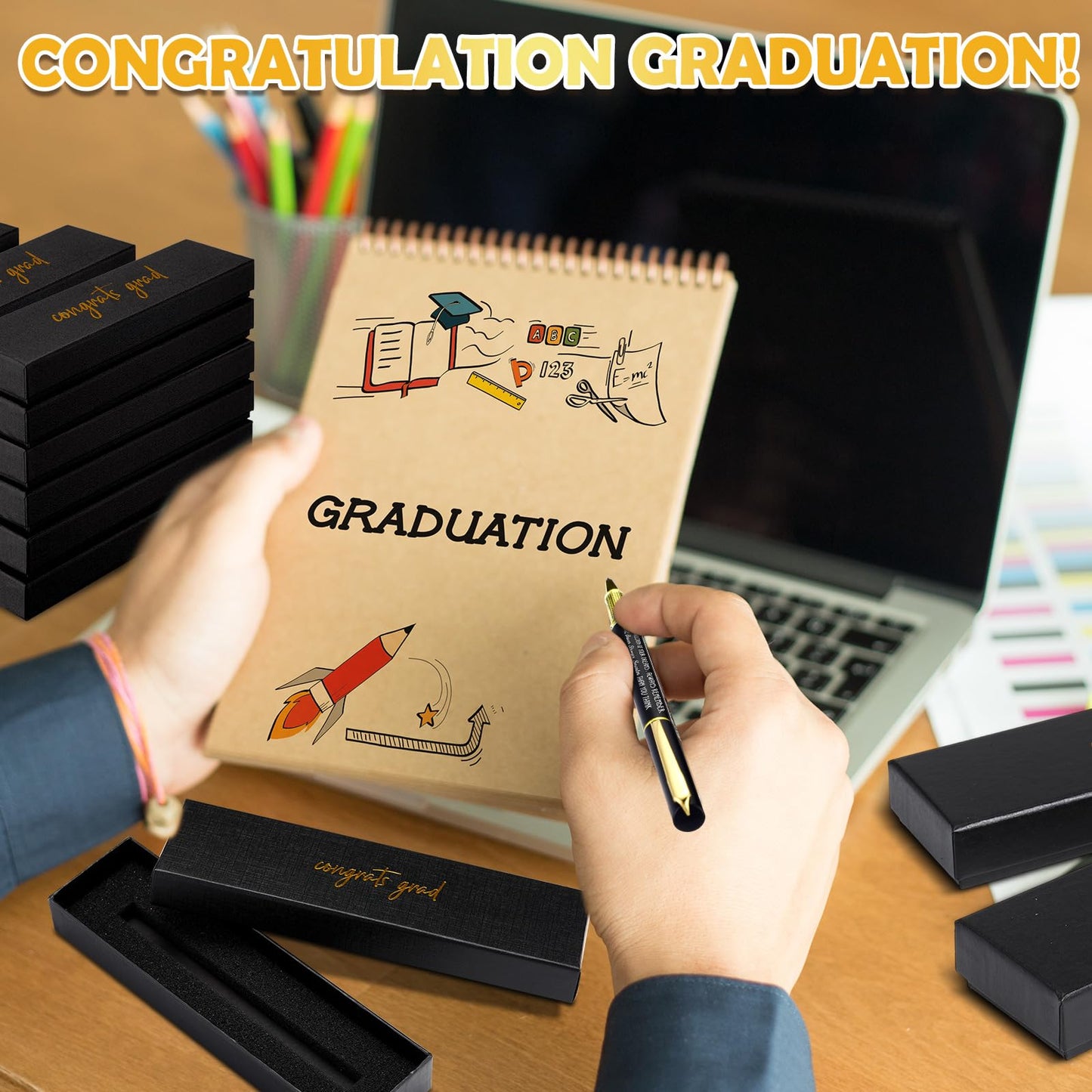 Janlaugh 50 Set Inspirational Graduation Gifts Bulk Congrats Grad Ballpoint Pen with Gift Boxes Engraved Motivational 2026 Graduation Gifts for Senior College Graduated Students(Black)