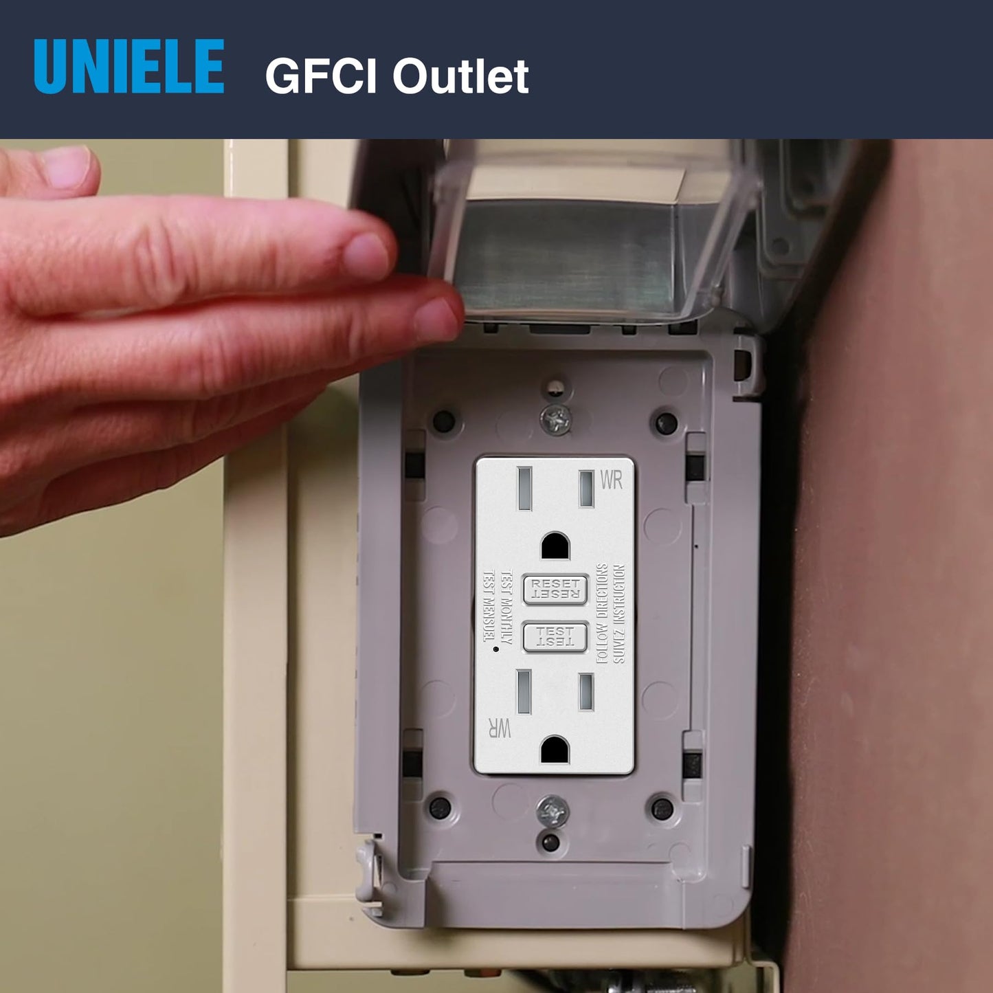 (10 Pack) UNIELE 15 Amp WR GFCI Outlet, Outdoor Weather-Resistant GFI Receptacle, Ground Fault Circuit Interrupter, Wallplate Included, White