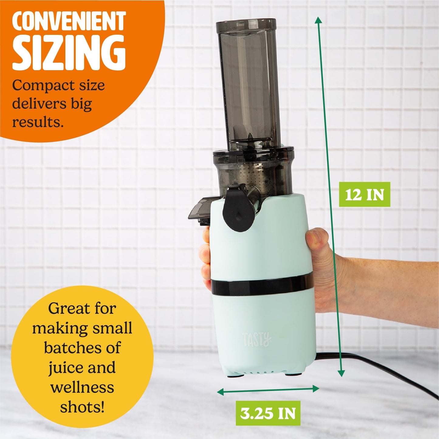 Tasty Slow Juicer, Compact Masticating Juicer with Pulp Separation, Maximum Juice Yield for Fresh, Nutrient-Rich Drinks, Easy Clean-Up & Compact Design, Aqua
