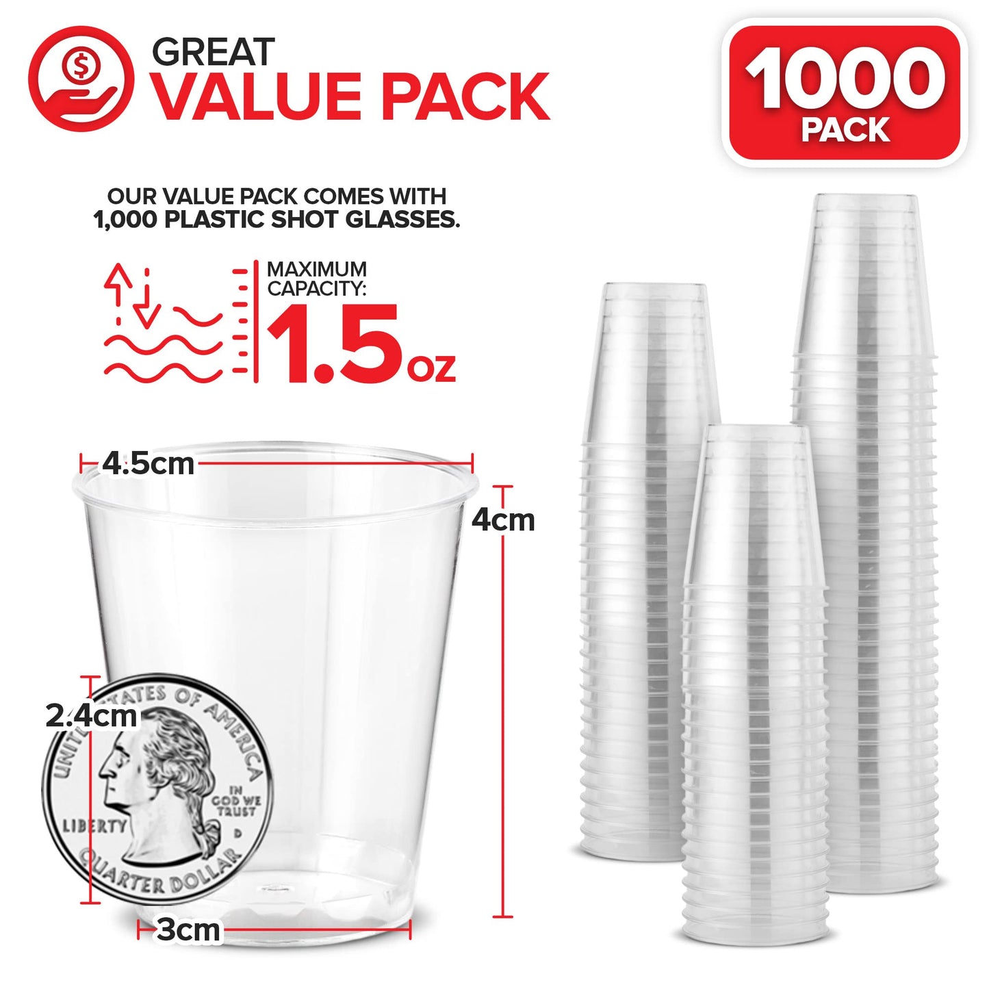 1000 Plastic Shot Glasses - 1.5 Oz Disposable Cups - 1.5 Ounce Shot Glasses - Ideal for Whiskey, Wine Tasting, Food Sampling and Sauce Dipping at Catered Events, Parties and Weddings (Clear)