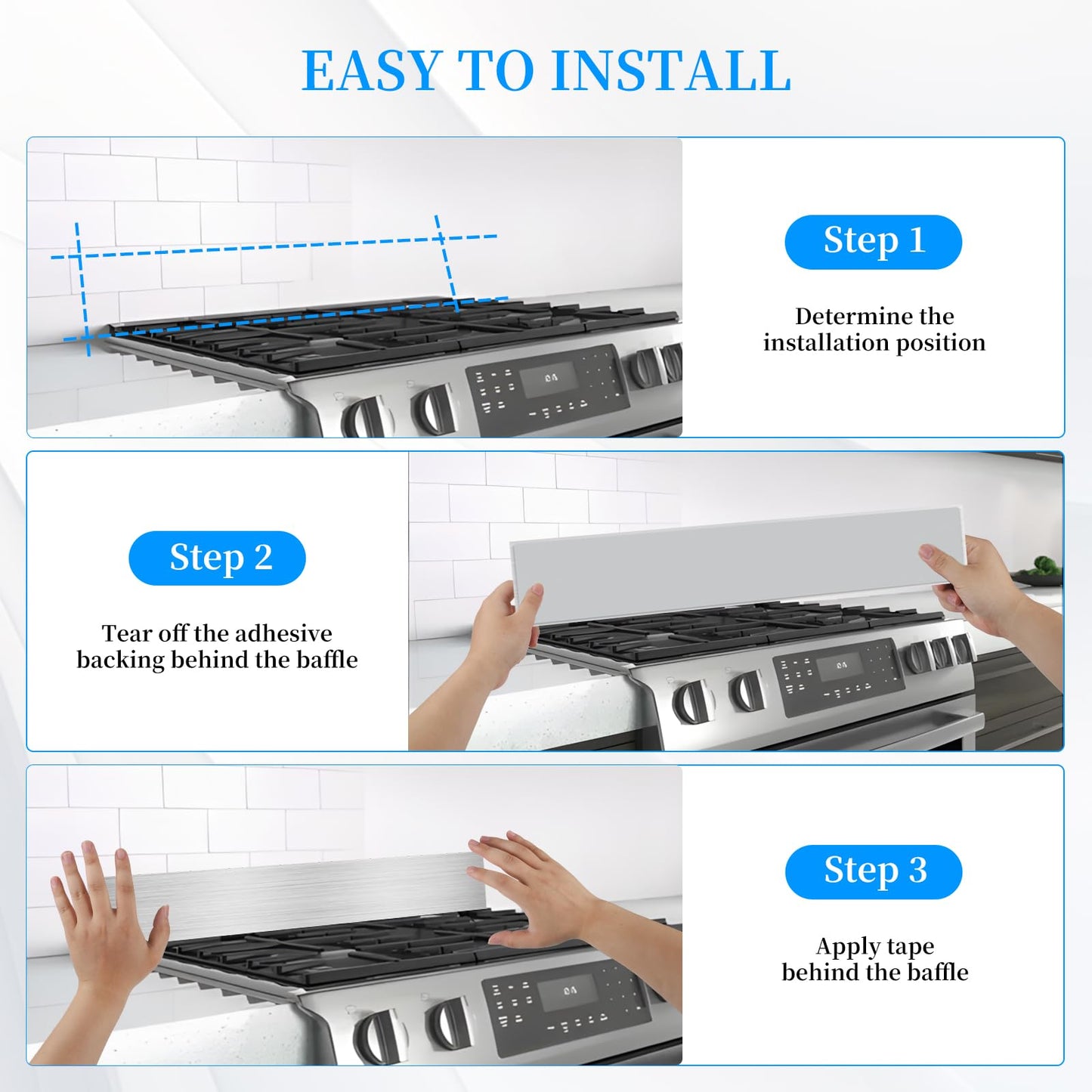 Mineye 11NBBKGDDS Self-Adhesive Front Control Range Stainless Steel Backguard, 29.75" ×4.75" Stainless Steel Backsplash Guard for Most Brands of Stove, Silver