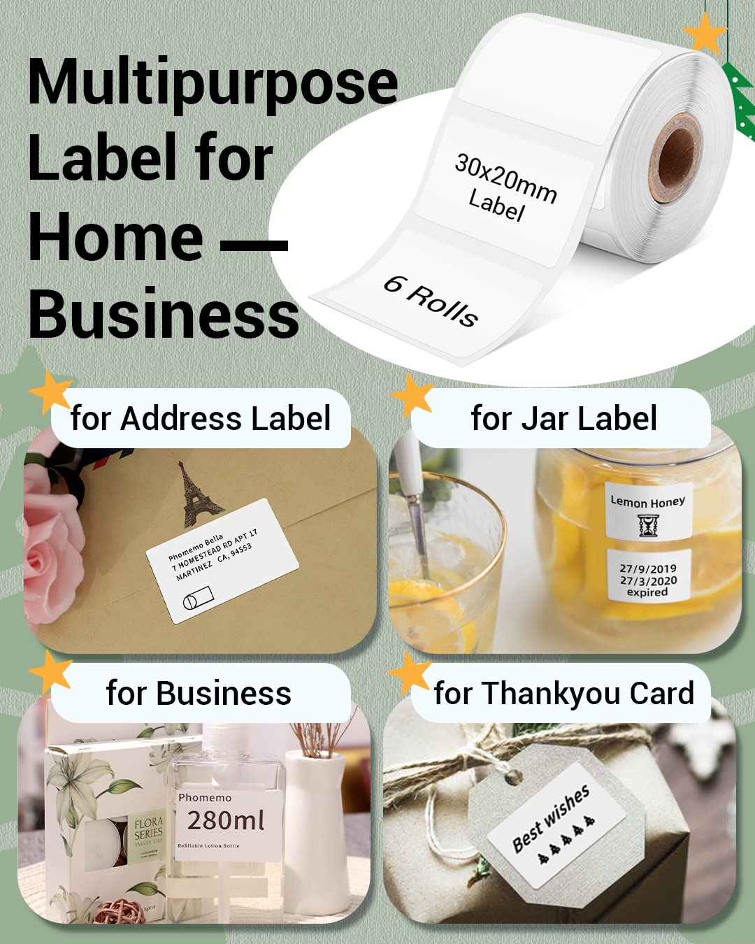 Phomemo Sticker Labels 1.18" x 0.79" (30x20mm) 6 Rolls, for M110/M110S/M120/M200/M220 Printer - Black on White, for Small Business, Home, Office, 320 Labels/Roll