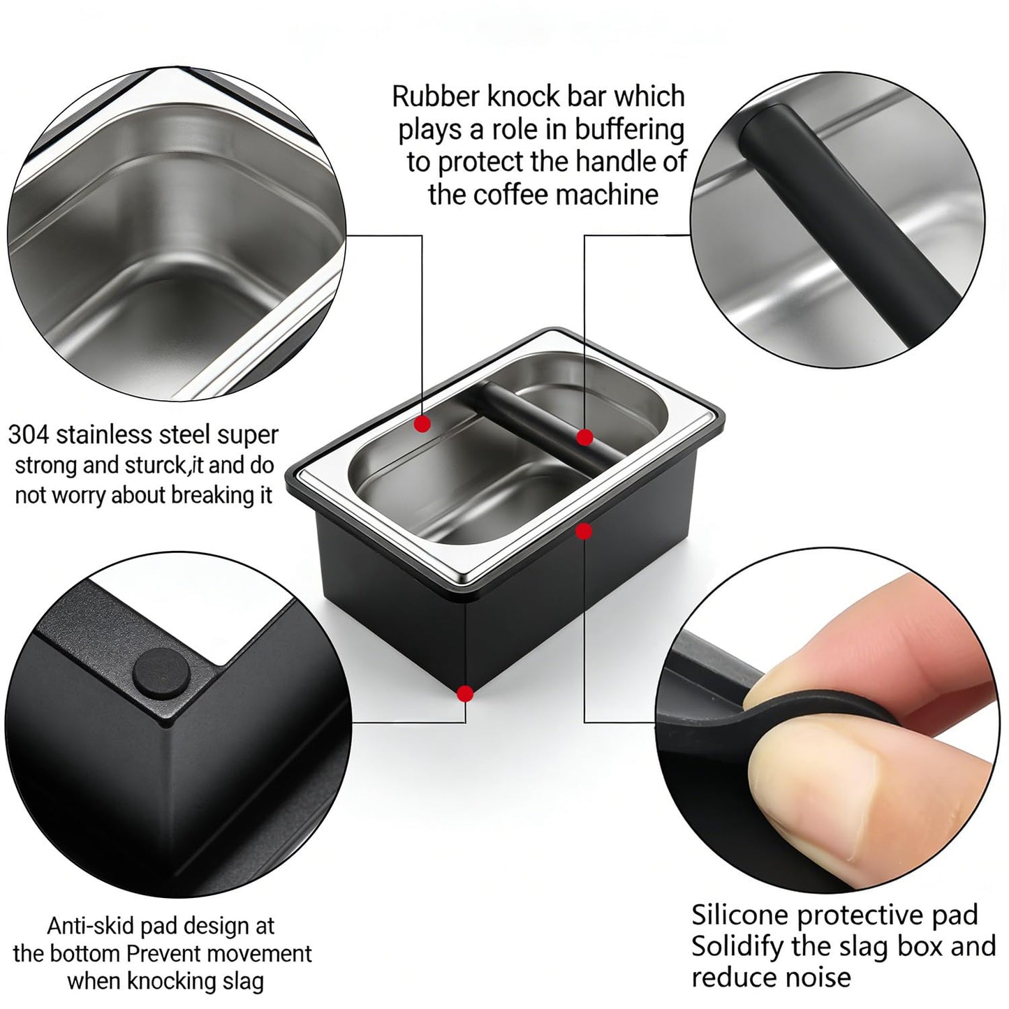 forusom Espresso Knock Box,Stainless Steel Knocker Storage Box, Large Capacity Coffee Container,With Removable Shock-Absorbent Knock Bar and Anti-Slip Base, Espresso Machine Tools for Coffee Grinder