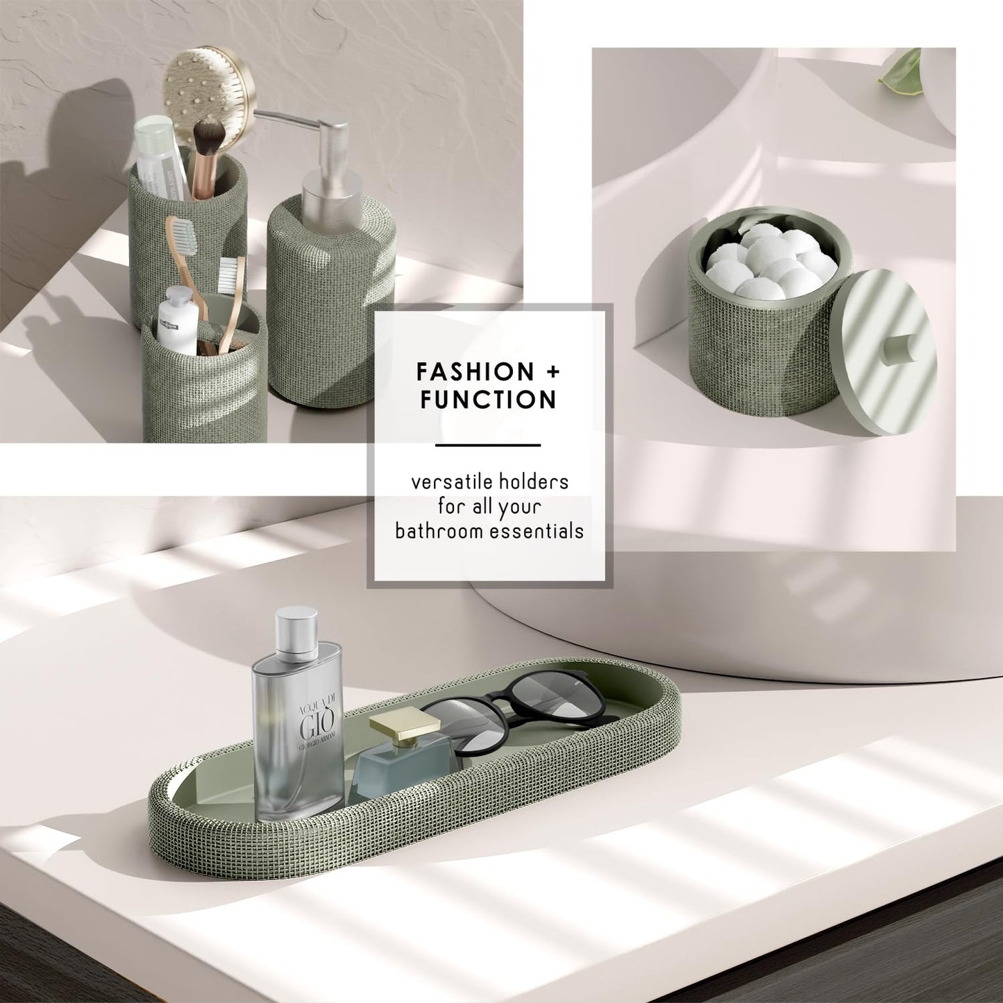 Clara Clark Sage Green Bathroom Set - Bathroom Accessories Set, 19PC Bathroom Accessory Set, Bathroom Sets with Shower Curtain Set, Soap Dispenser & Toothbrush Holder