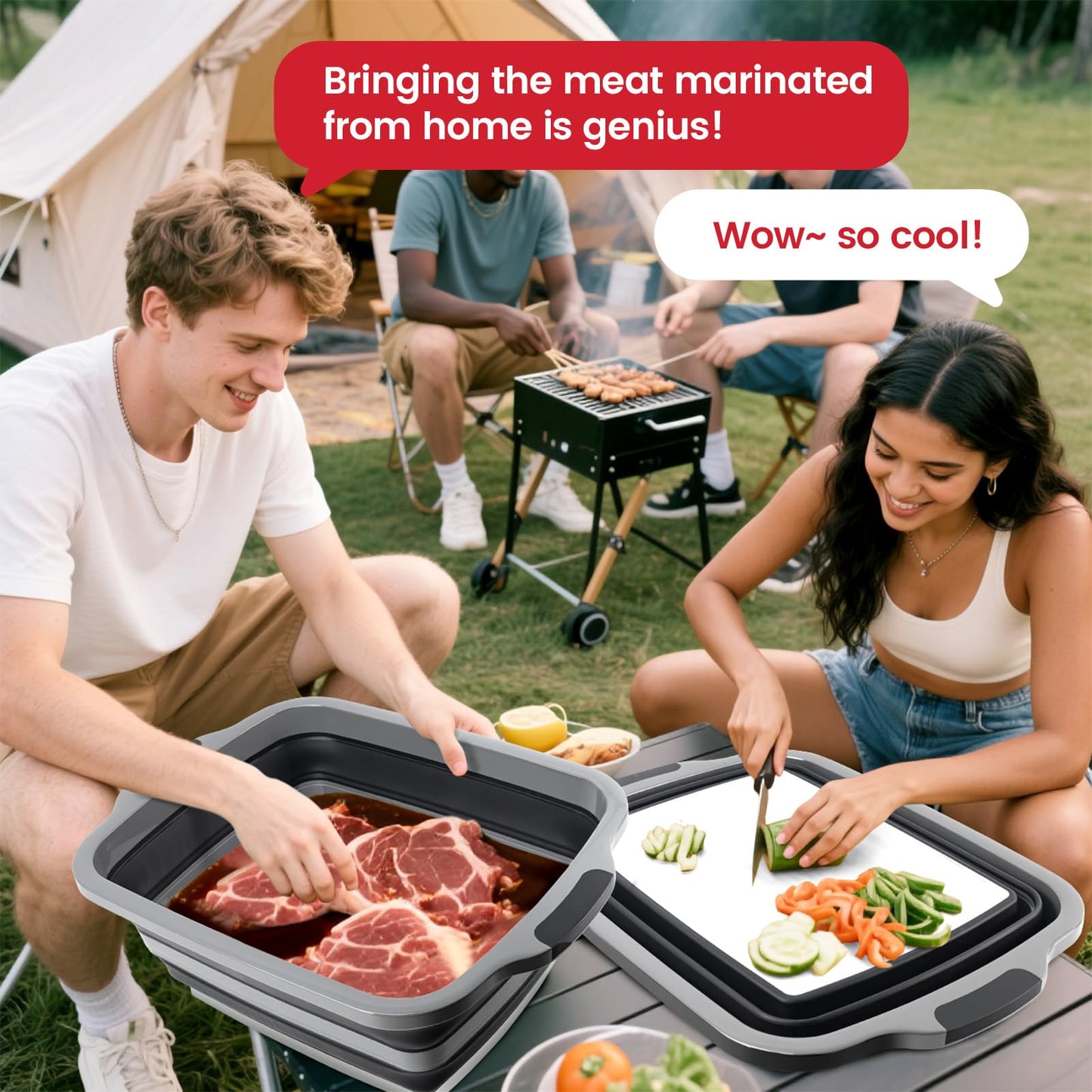 BBQ Prep Tub 3-IN-1 Large 30L Collapsible Cutting Board with Lid for Grill Meal Prep Marinating Food, Camping Sink with Colander, Dish Basin, Storage Blanket for Camping Picnic BBQ Grilling, Black