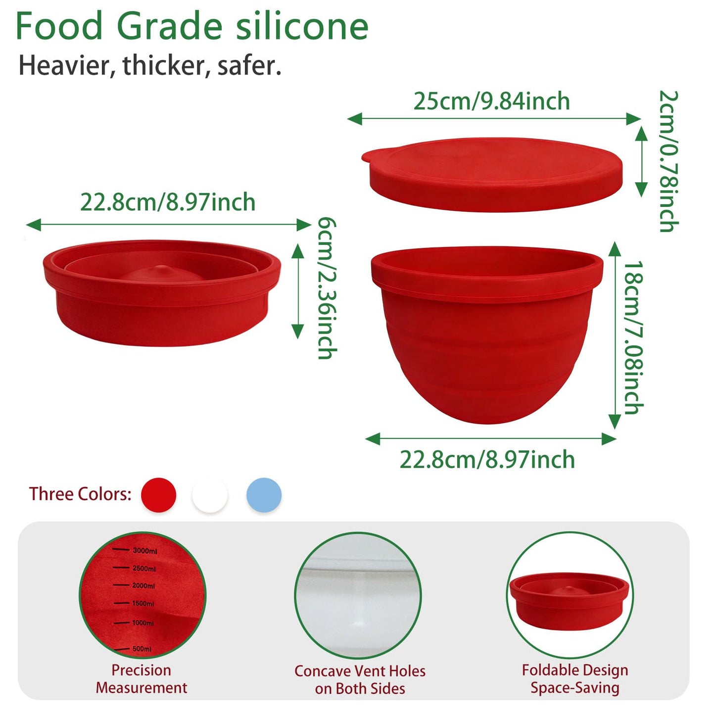 Upgraded Collapsible Silicone Bowl Liners for 5 Qt KitchenAid Tilt-Head Stand Mixer - 3 Liners with Airtight Lids, Heat-Resistant Mixer Accessories (3Pcs)