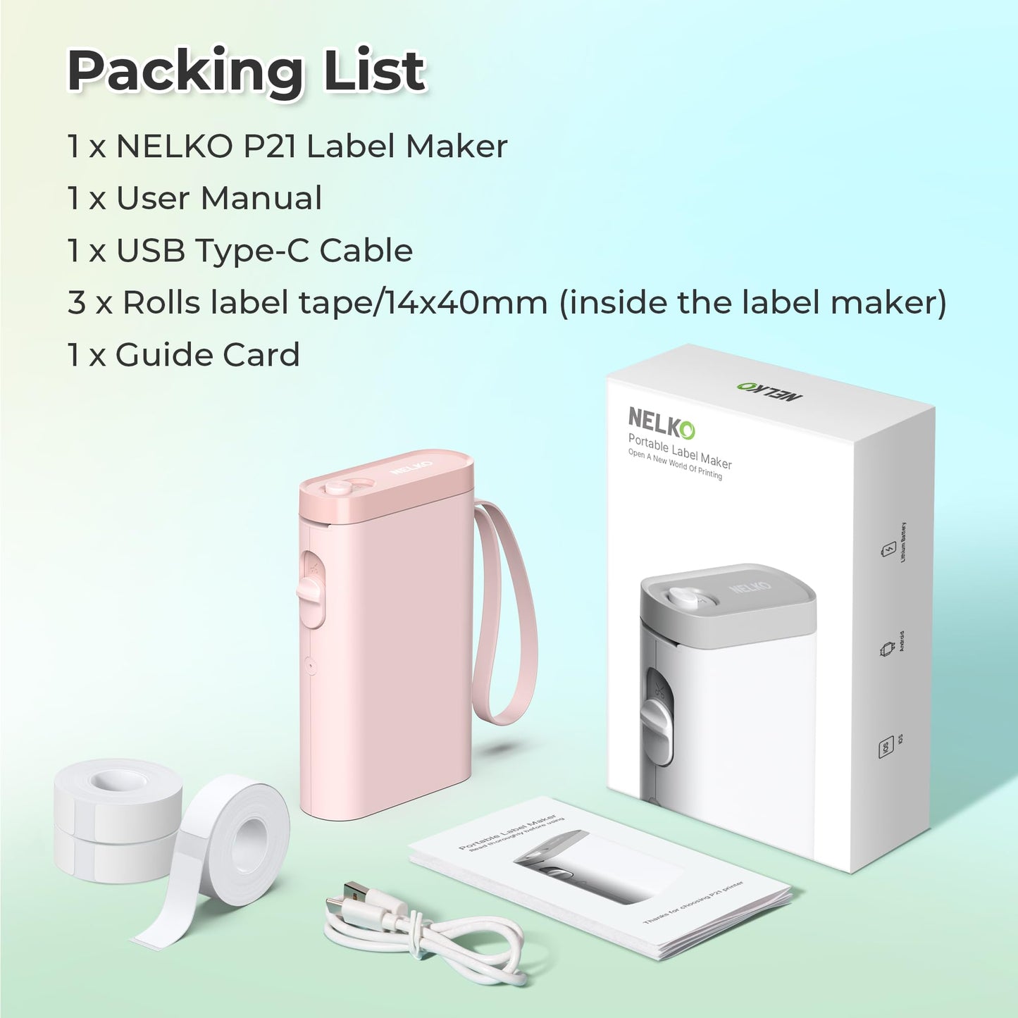 Nelko Label Maker Machine with Tape, P21 Bluetooth Label Printer with 3 Tapes, Wireless Mini Label Makers with Multiple Templates Icon Font Custom for School Office Home, Pink