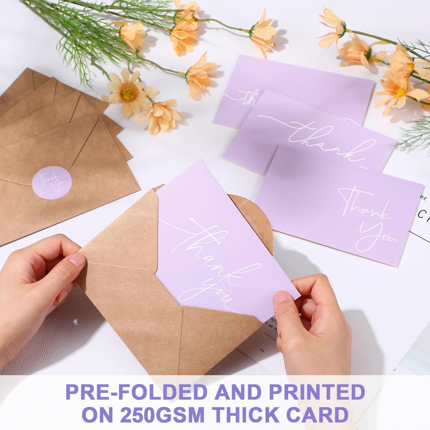 Teling 200 Set Thank You Cards with Envelopes Bulk, 6 x 4 Inch Blank Thank U Greeting Notes with Brown Kraft Envelopes Stickers Thankyou Card Set for Graduation Wedding Birthday Baby Shower(Purple)