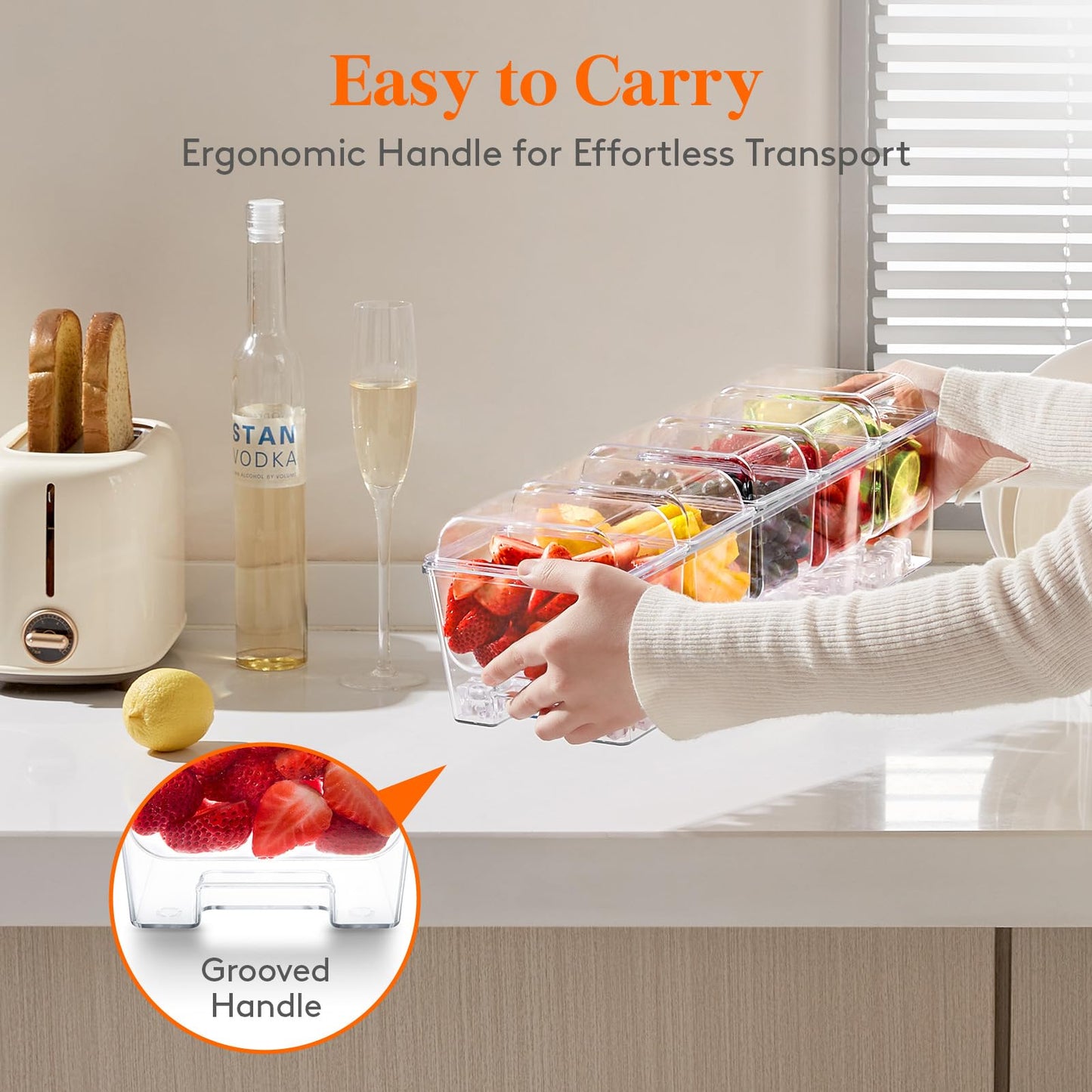 Lifewit 2 Pcs Ice Chilled Condiment Caddy with 5x20 oz Containers, Condiment Server with Separate Lid, Serving Tray Platter with Removable Dishes for Bar Fruit Salad Taco Party Garnish, 39 x13cm/15x5