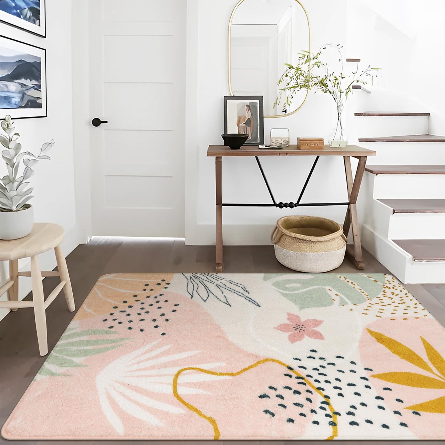 Lahome Pink Boho Bedroom Rug 5x7, Washable Non Slip Soft Botanical Area Rug for Cozy Nursery Living Room Apartment Decor
