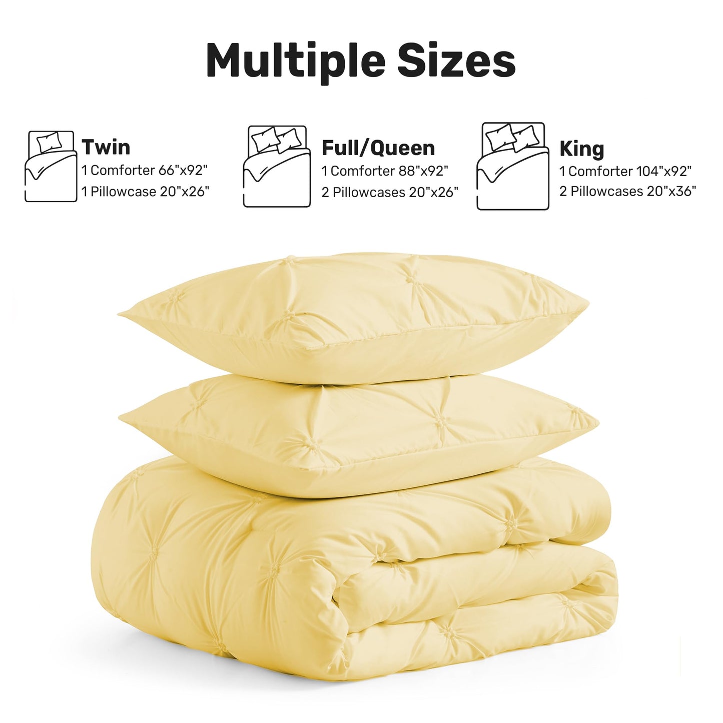 UNIKOME Queen Comforter Set Yellow - Ultra Soft Boho Pintuck Down Alternative Bedding Set for All Seasons, 3 Pieces Lightweight Warm Pinch Pleat Bed Set with Comforter, 2 Pillowcases