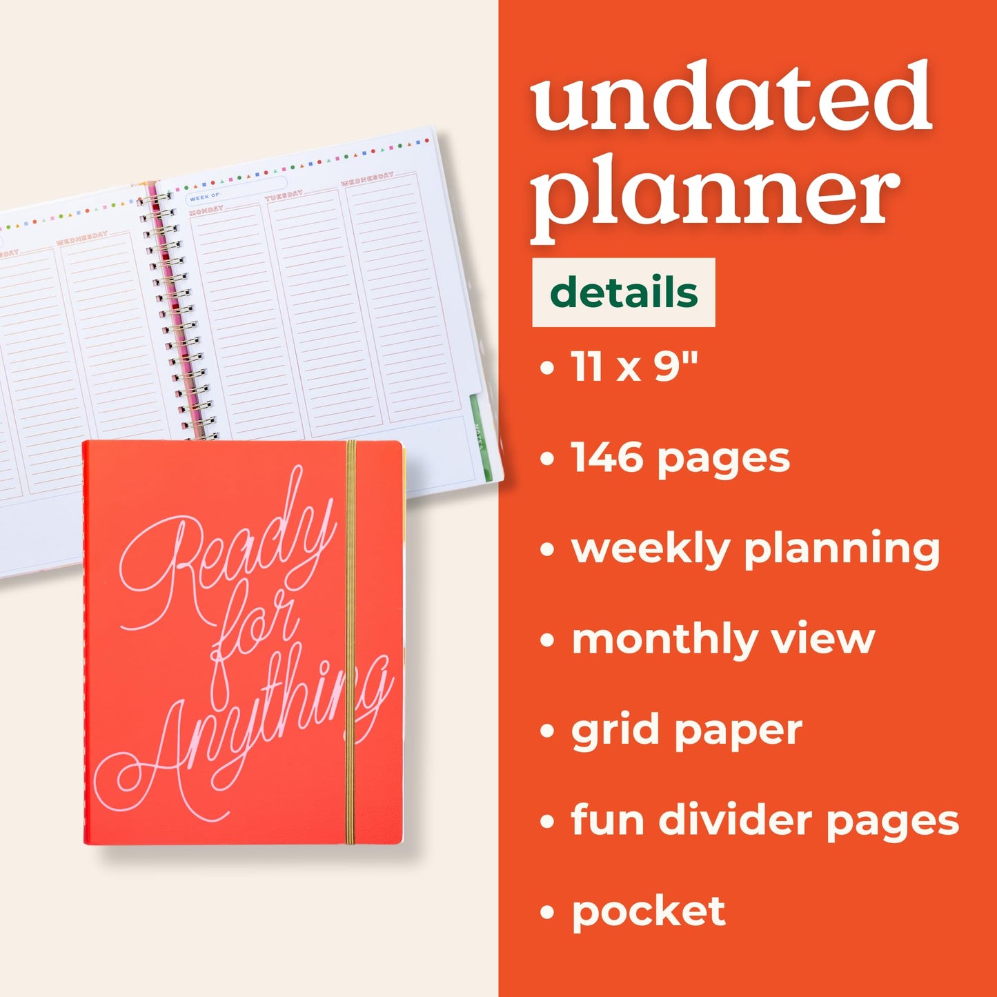 ban.do Undated Weekly Planner, Semi-Concealed Spiral Notebook with Stickers, To-Do Lists, Guided Wellness Journal, Daily Organizer for School or Office (Ready for Anything)