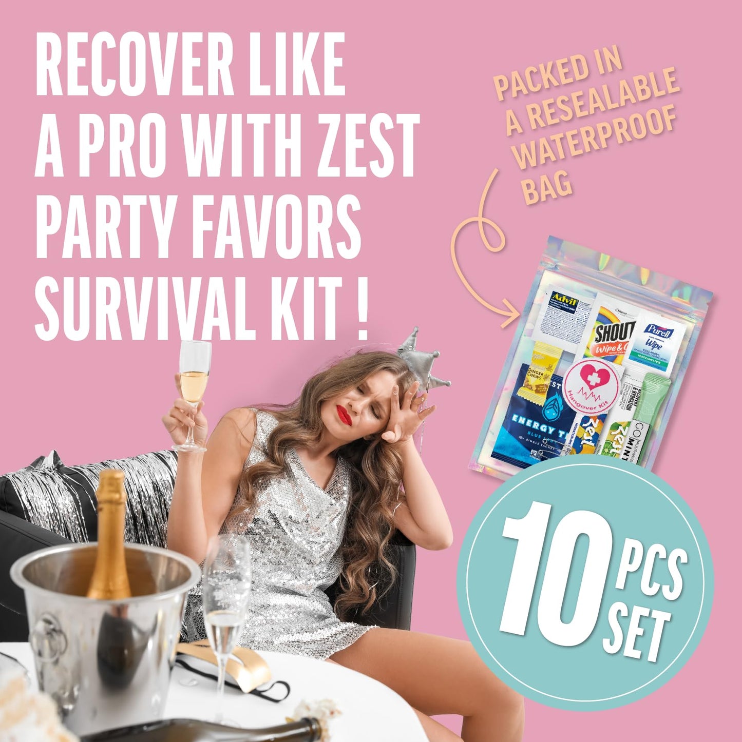 10 Piece Pre-Filled Gift Bags (10 Pack) - Essential Gift Bag - Wedding, Birthday, or Bachelorette Party Favors - Zest Hydration Packets, Gum