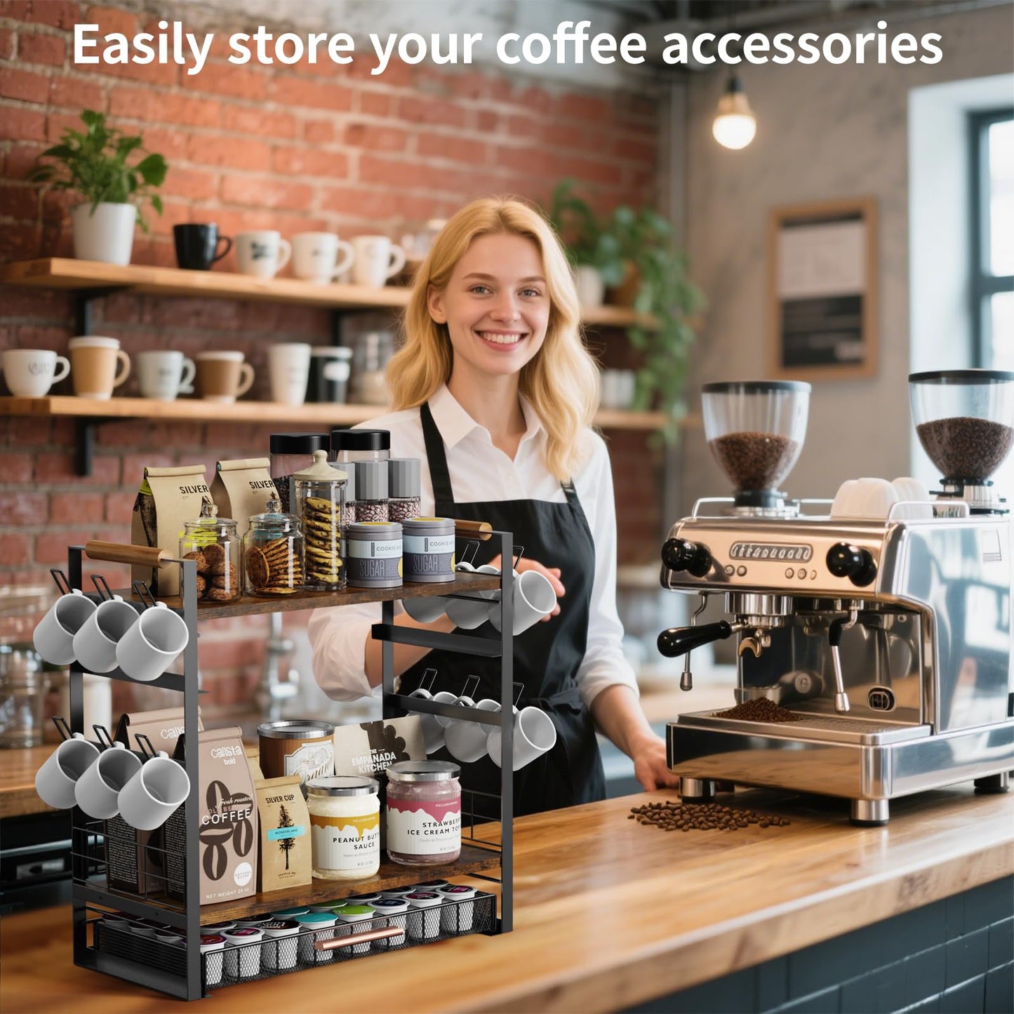 Coffee Bar Station Organizer for Countertop - 32 Pod for K Cup Holder with Drawer and 12 Mug Holder, 3 Tier Coffee Bar Accessories (Black, 3-Tier with 1 drawer)