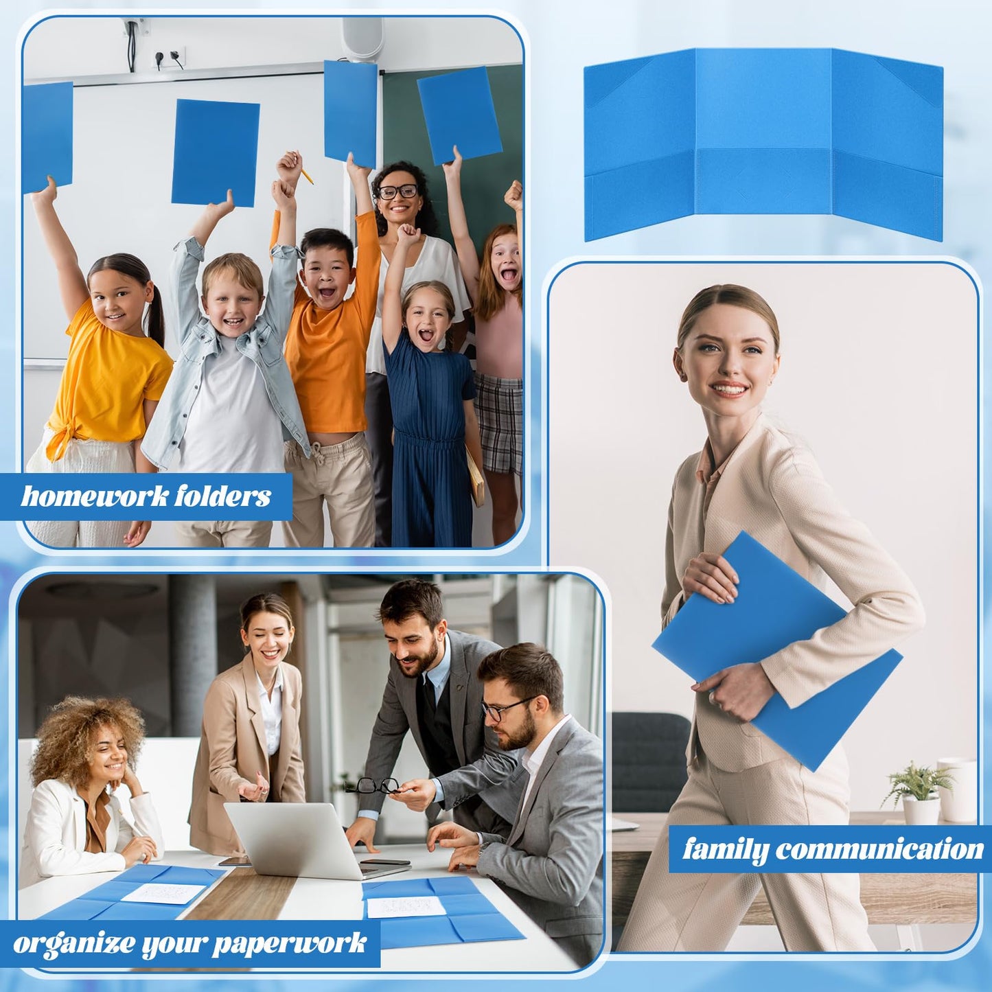 Tenceur 24 Pcs Plastic 3 Pocket Folders, Tri Fold School Folders Bulk for Students Teachers Classroom and Office, Durable Pocket Folder for Back to School Supplies (Blue)