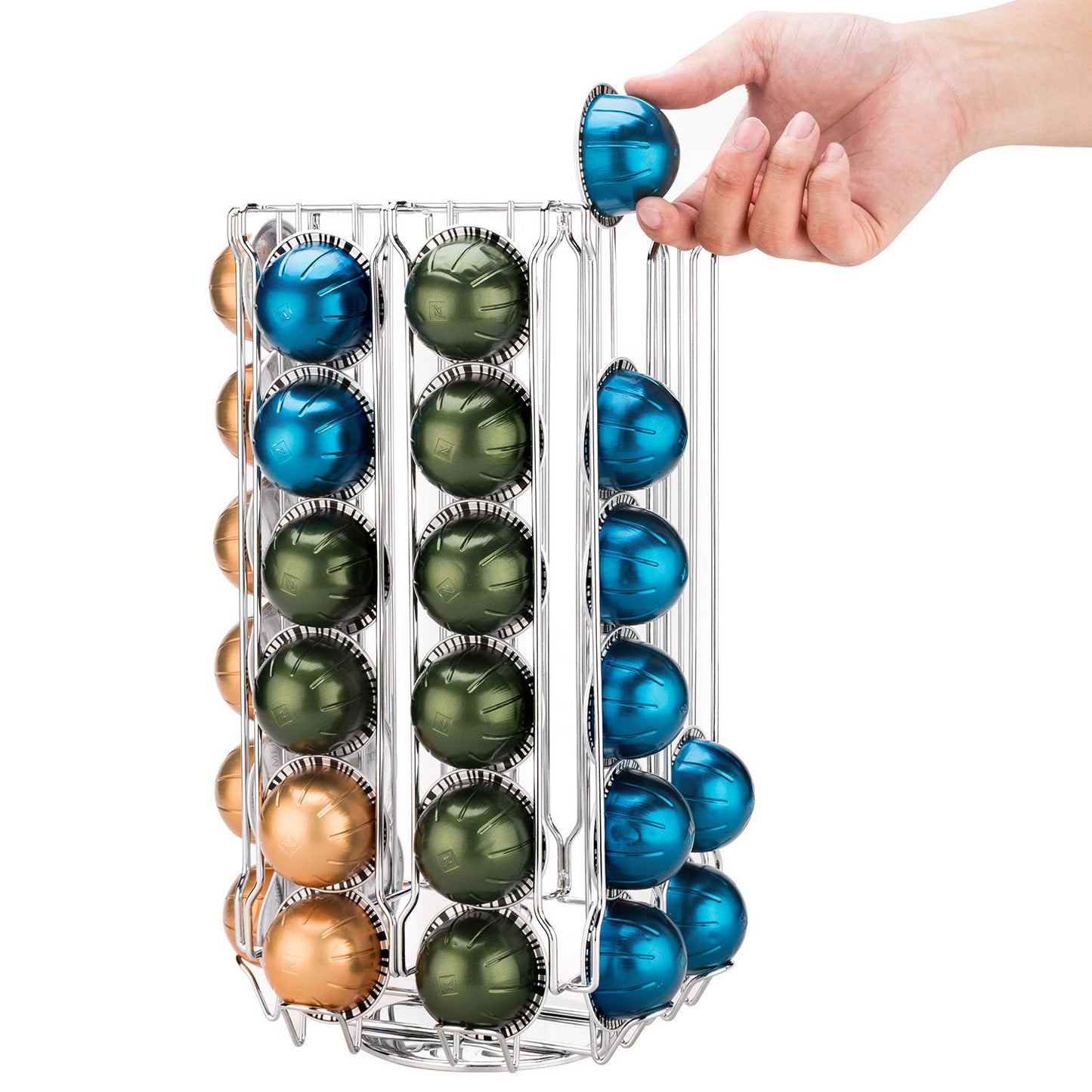 MyGift 48 Pod Stainless Steel Silver Metal Coffee Pod Holder Storage Organizer Stand with 360 Degree Rotating Carousel with Sleeve Storage Compartment, Compatible with Nespresso Vertuo Capsule