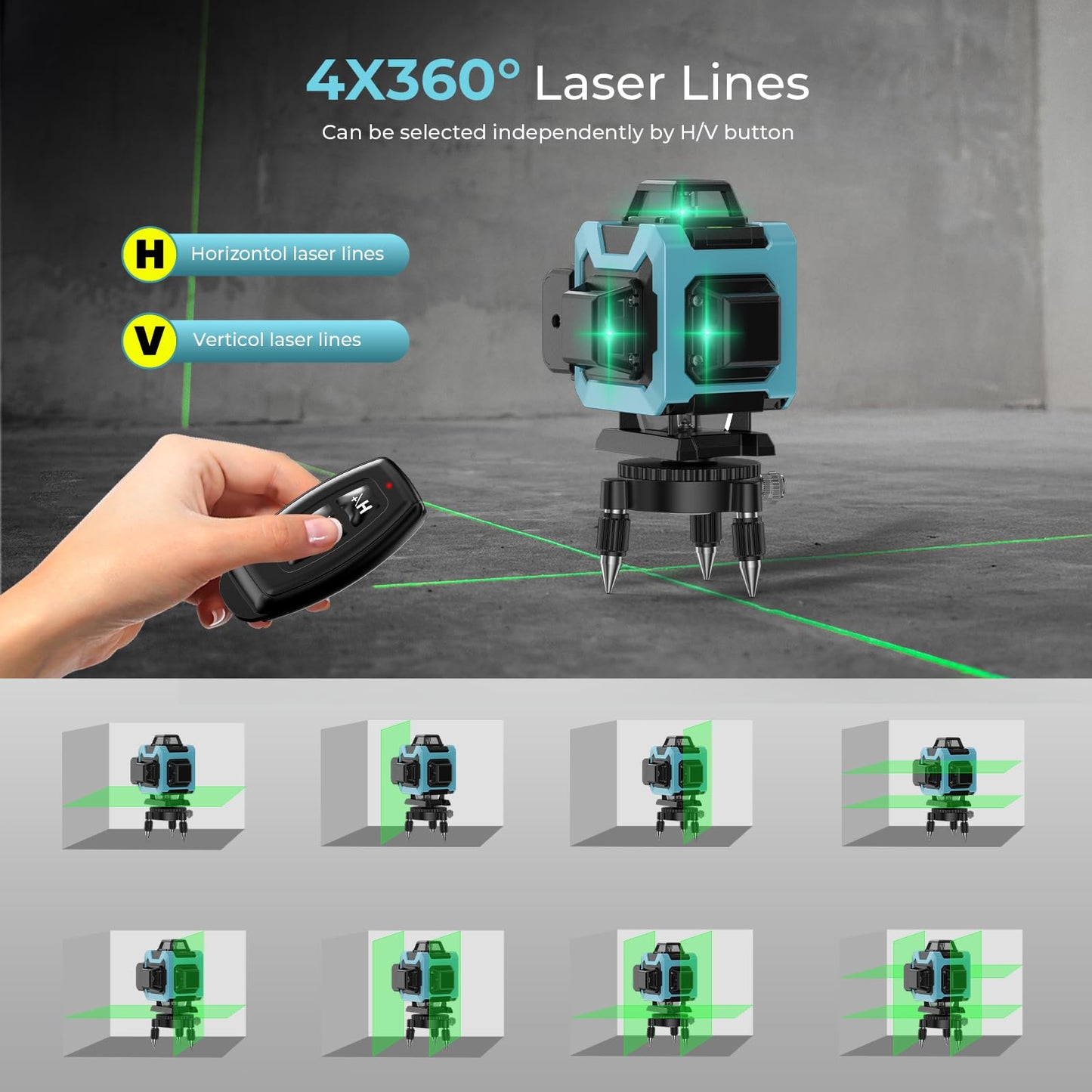 16 Line Laser Level 360 Self Leveling, 4x360°Professional 4D Cross Line Green Laser Level with 2 Batteries, Adjustable Brightness & Remote Control, for Tiling Floor Construction and Picture Hanging